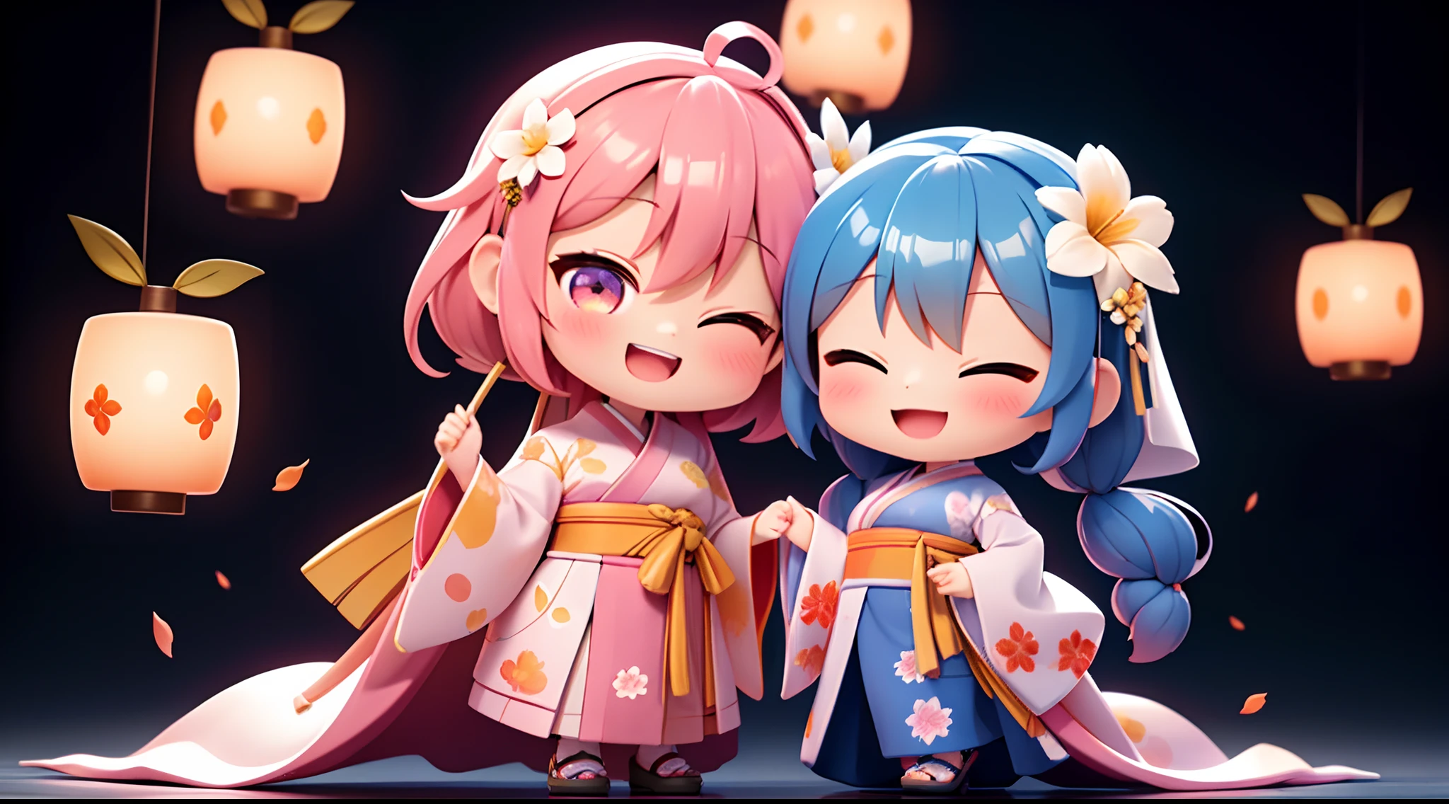 photoRealstic、Nedroid in wedding dress arranged in kimono standing in front of the painting、Open mouth and big smile、watercolor Nendoroid、(High Definition Figure)、Flowing iridescent silk、up of face、Eye Up、In the eyes♥、Floral dress、There are also flowers in front of the nendroids、flower petals、season!!: 夏天☀ 🍂