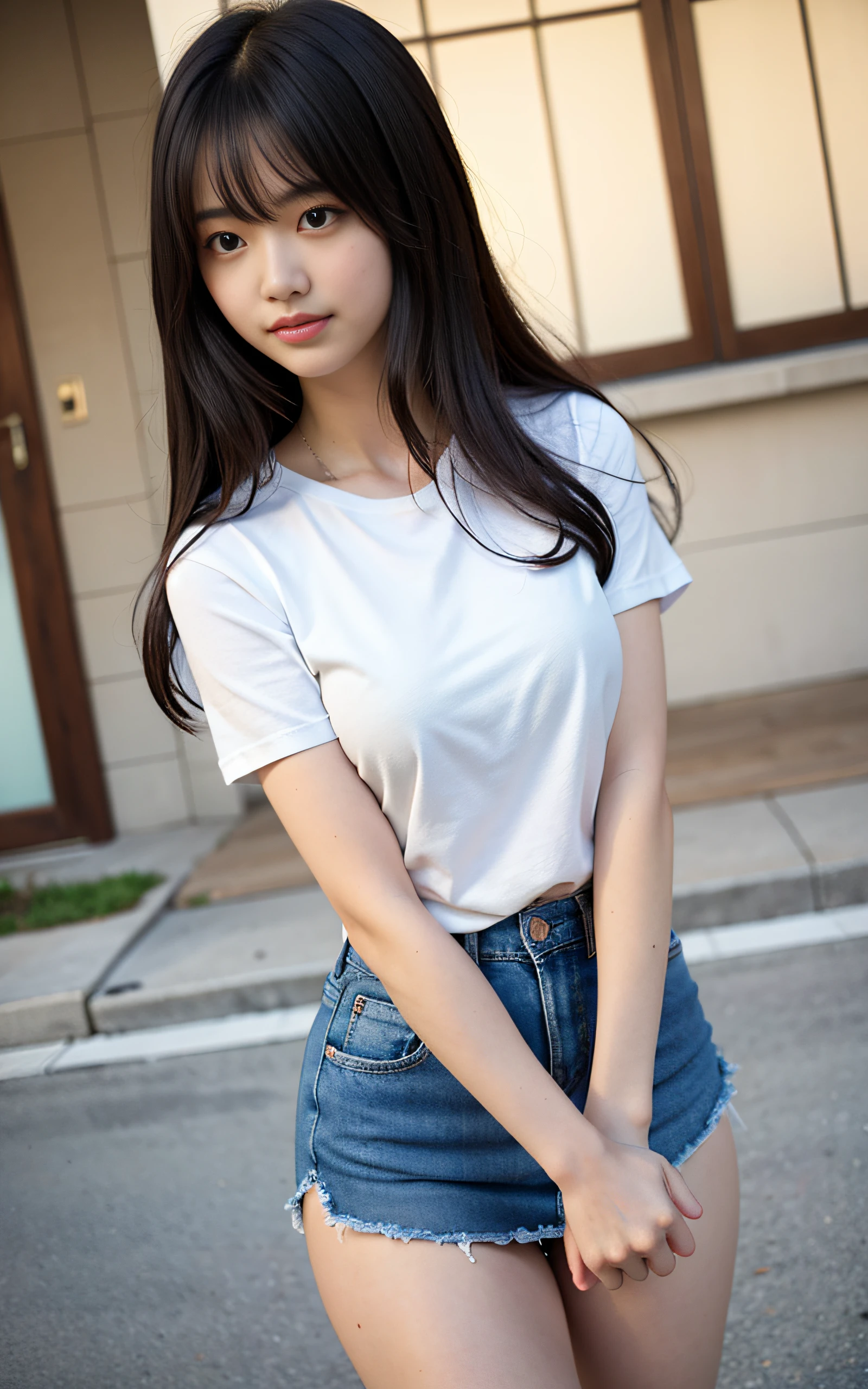 masutepiece, Best Quality, 8K, 16 yo, Large breasts, Raw photo, Professional Photography, Portrait, Soft light, Professional Lighting, Solo, Smile, close up, Face, close up, Cute, Girly, Goddess, Delicate girl, Neat and clean beauty, Full body, Digital SLR, Looking away, Candid, Sophisticated, Film grain, (Eyes and faces with detailed:1.0), Medium length hair swaying in the wind, Bangs, T-shirt, Skirt, sneakers