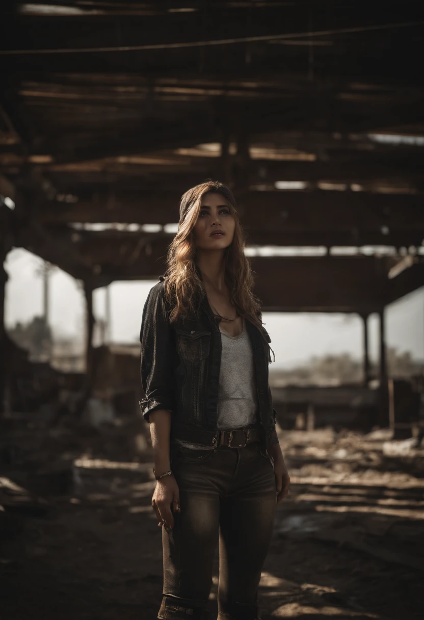 A breathtakingly beautiful girl, radiant and captivating eyes, cold and intense, long flowing hair, sweaty body, Post-apocalyptic Punk shirt, short shorts, boot, (Ultra photo realsisim:1.3), Realistic, (best quality real texture skin, film atmosphere), Tattered clothes, (Post-apocalyptic Punk, Post-apocalyptic Fiction), a post-apocalyptic world with collapsing buildings, (bloodstains), art by Kurahashi Rei, haunting and solemn, a beam of light shines through, illuminating the somber surroundings, (Best quality, masterpiece, depth of field, Full HD, 4K, richness of detail), Portrait style,medium shot