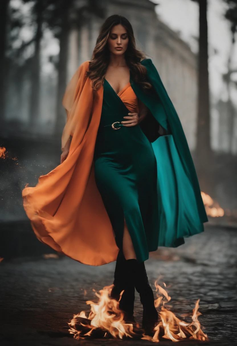 Descreva em detalhes a imagem de um bombeiro exausto, vestido com seu uniforme completo, putting out a fire in a setting of chromatic realism. Explore as cores, textures and emotions that this scene evokes, highlighting the elements that make the image vivid and impactful.