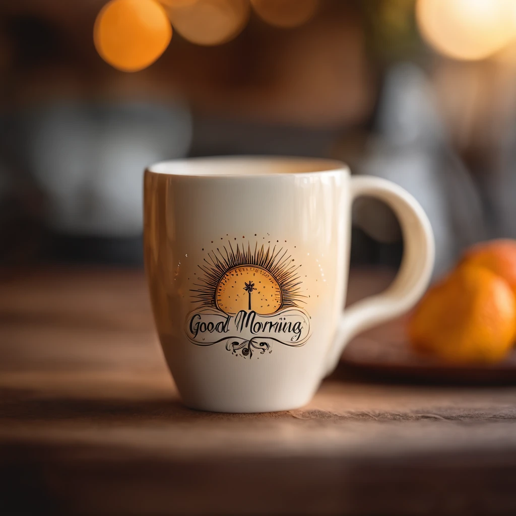 an extreme closeup shot:A delicate colorful mug,The cup has the word GOOD MORNING in white,Depth of field 1.8,sun light