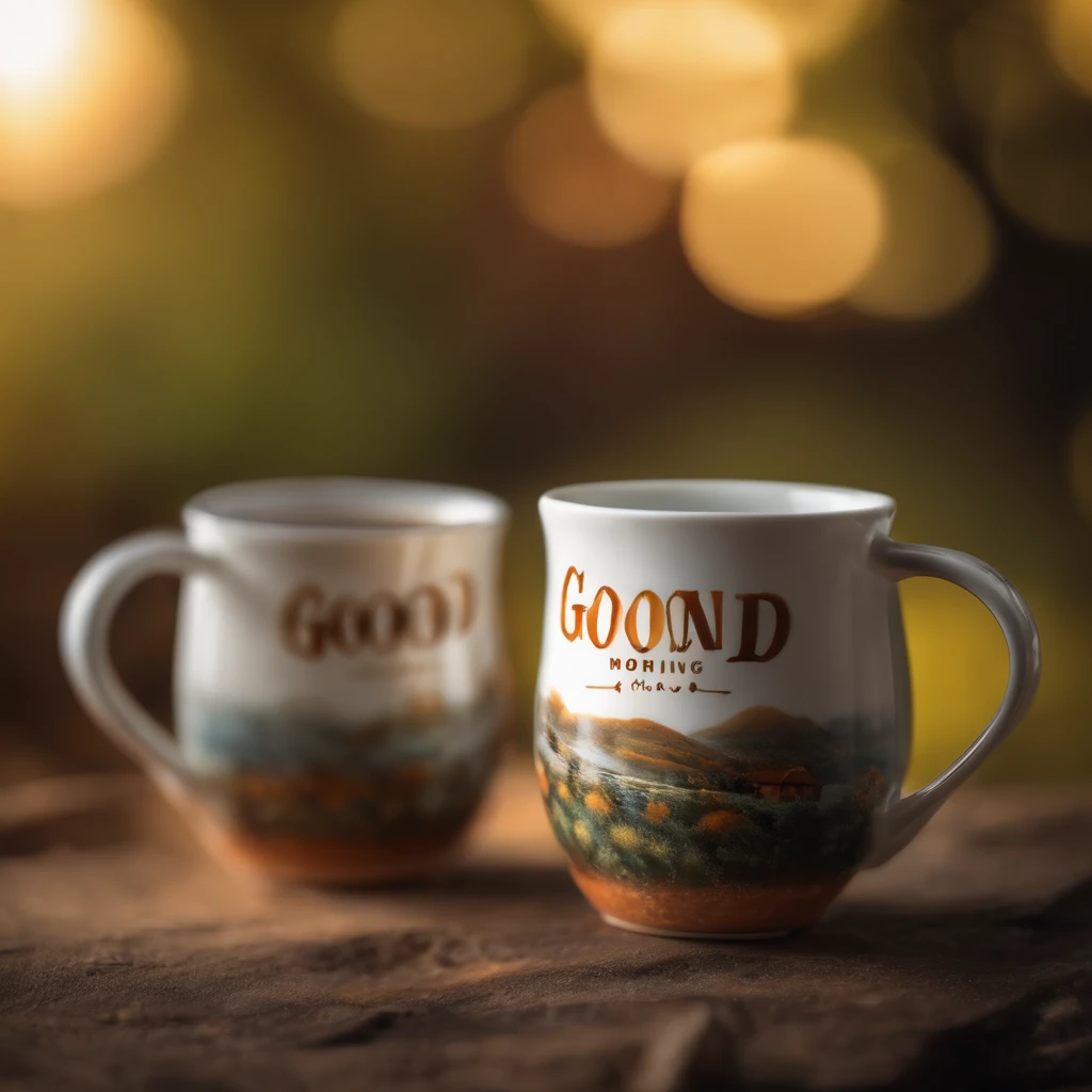 an extreme closeup shot:A delicate colorful mug,The cup has the word GOOD MORNING in white,Depth of field 1.8,sun light