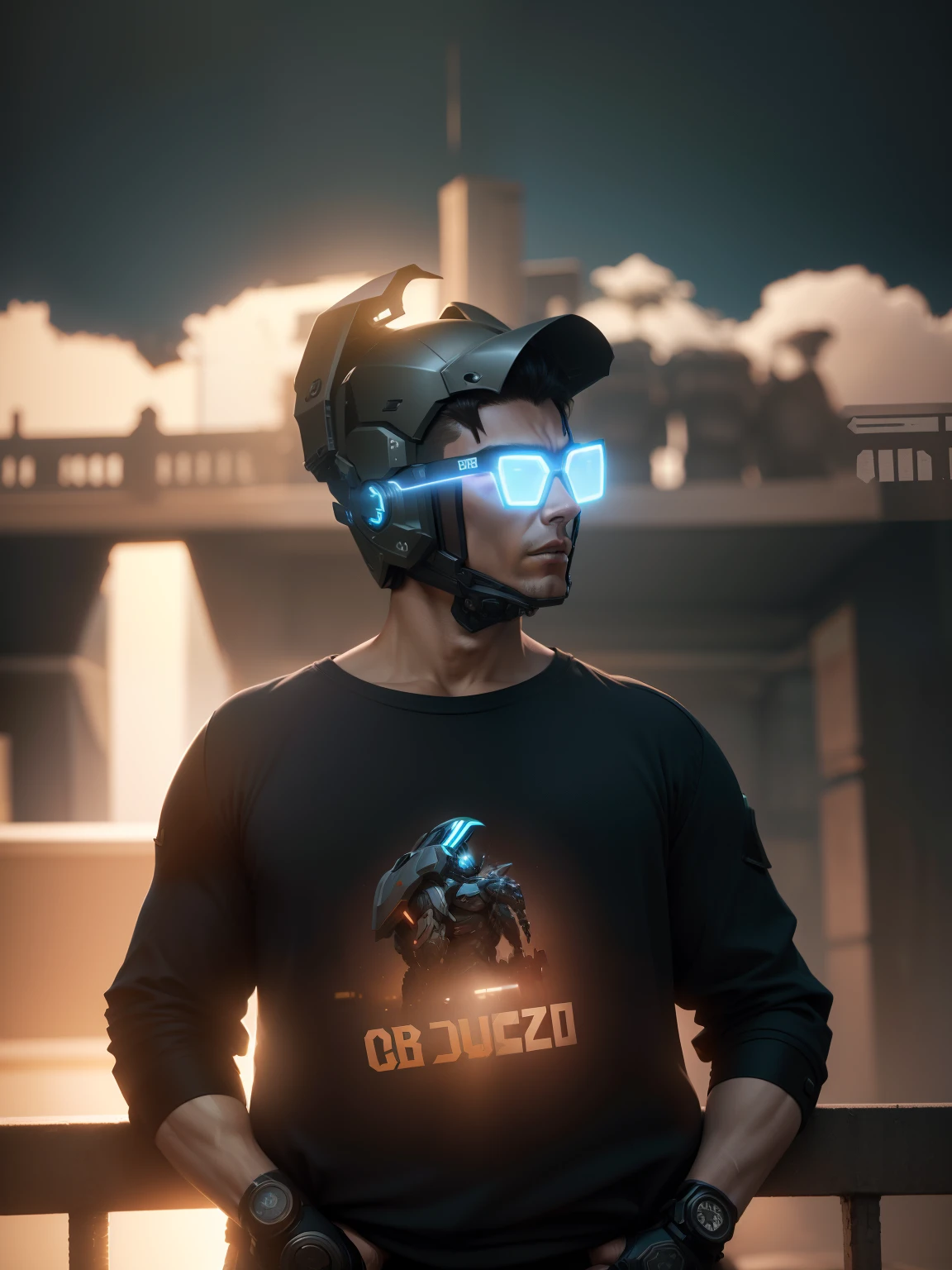 Cyber Muscle Young Male Warrior and Cyber Tech Mechanical Motorcycle Wearing Mecha Suit Helmet, Nousr, Biomechanics, MSHN Robot Man, Cyber Tech Full Surround Helmet, Surreal, Steel, Intricate Design, Crazy Detail, Fine Detail, Extremely Clear Lines, Cinematic Lighting, Photo Realistic, Detailed Masterpiece