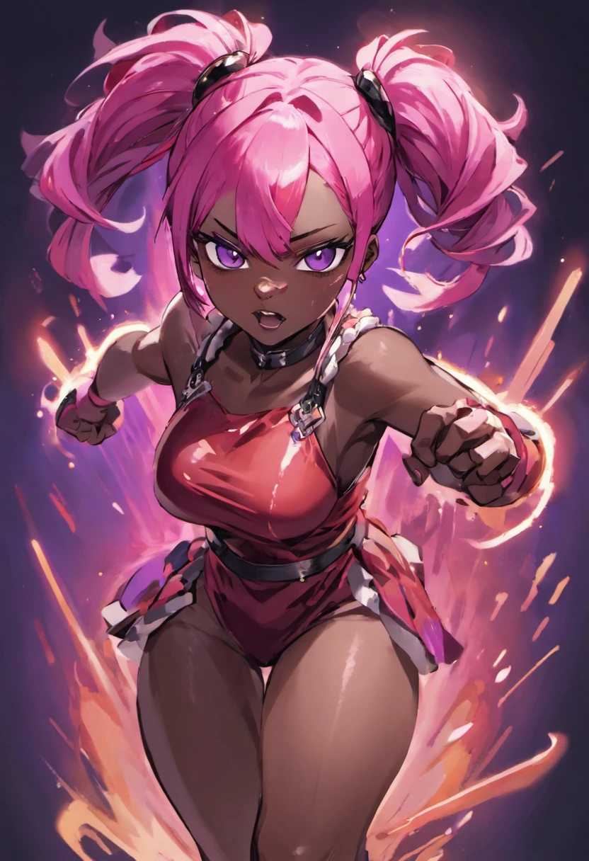 mature, dark skin, woman, anime art style, pink hair, twintail pig hair, purple eyes, noble clothes, dark and red clothes