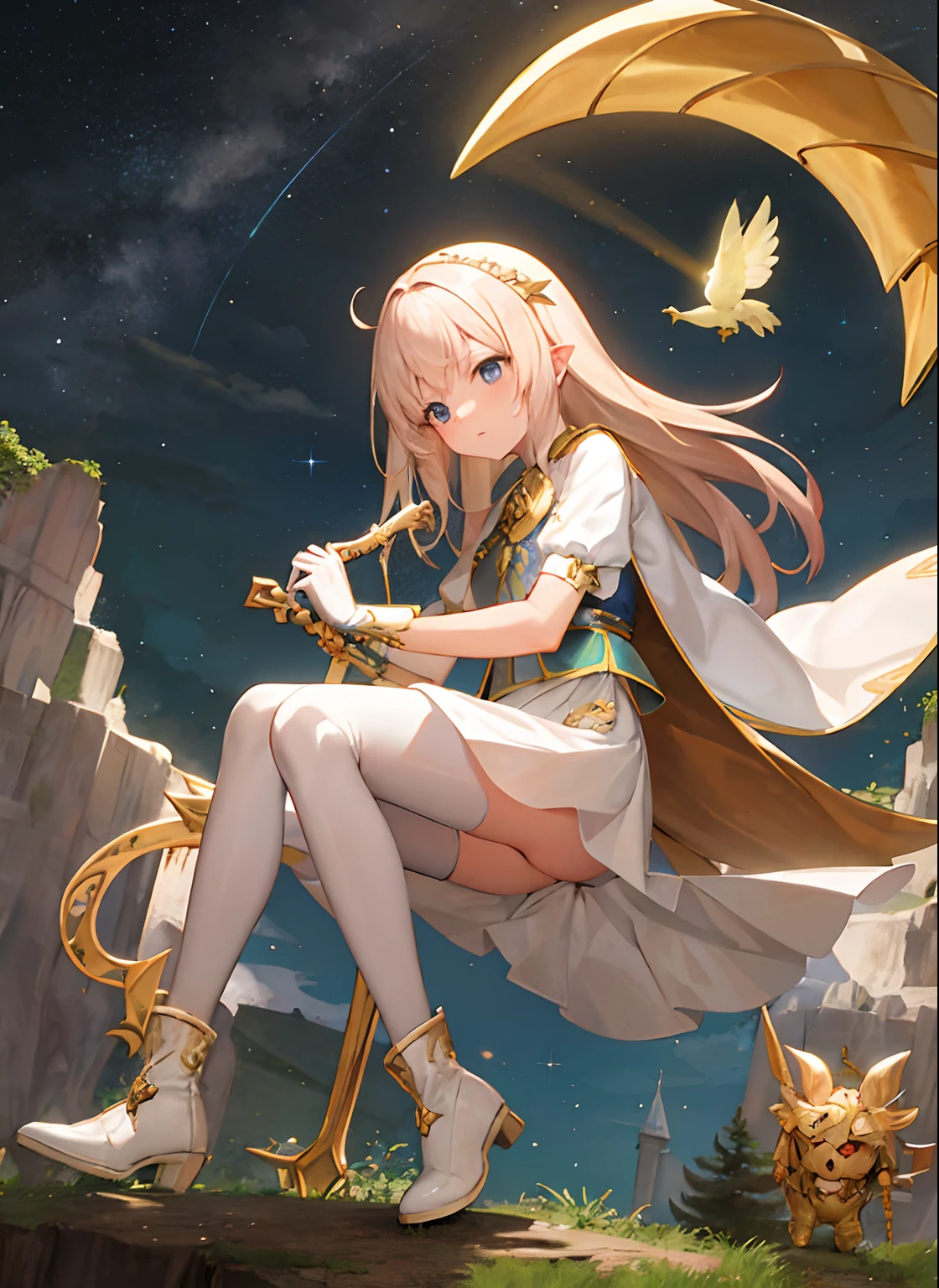 Obra maestra, La mejor calidad, Ultra detallado, illustration, 1girl, solamente, fantasy, Wielding Sword, pelear, cielo nocturno, al aire libre, luna, Estrellas, Chaqueta de armadura ligera, nubes, viento, Cabello rosa hasta los hombros, cabo, botas blancas, pantimedias negras, resplandeciente, Misterioso, encantador, Caprichoso, frisky, aventurero, libertad, maravilla, fantasi, determination, habilidad, velocidad, movimiento, energy, realismo, Naturalista, Figurativo, representacional, belleza, Fantasy culture, Mythology, Cuentos de hadas, Folclore, Leyendas, fantasy worlds, compositing, escama, primer plano, middle ground, fondo, perspectiva, luz, Color, textura, detalle, belleza, maravilla, Estilo Ghibli, cerrar