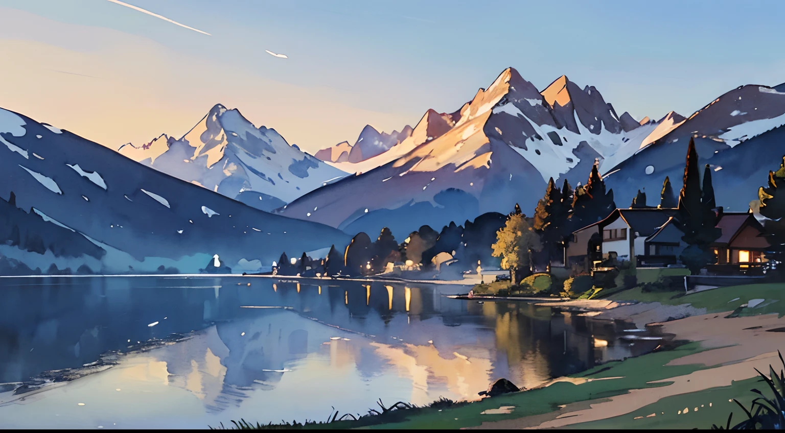 ((Watercolor by singer Sargent))、(top-quality、masterpiece)、(top-quality、hight resolution、masterpiece:1.3)、slim figure、breastsout、(Dark brown layered haircut)、Pendants、tshirts、white short pants、outside of house、amazing view、lakes and mountains in distant background々、Details rendered exquisitely...