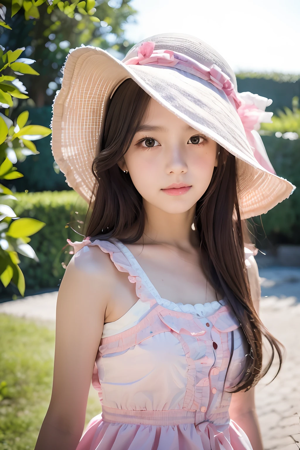 There is a young girl in a white hat and a pink dress, Cute:2, , portrait of the magical ta girl, cute - fine - face,extremely delicate and beautiful, finely detail, (Photorealsitic:1.4), ultra-detailliert, ighly detailed, a beautiful detailed girl, (Perfect female figure),