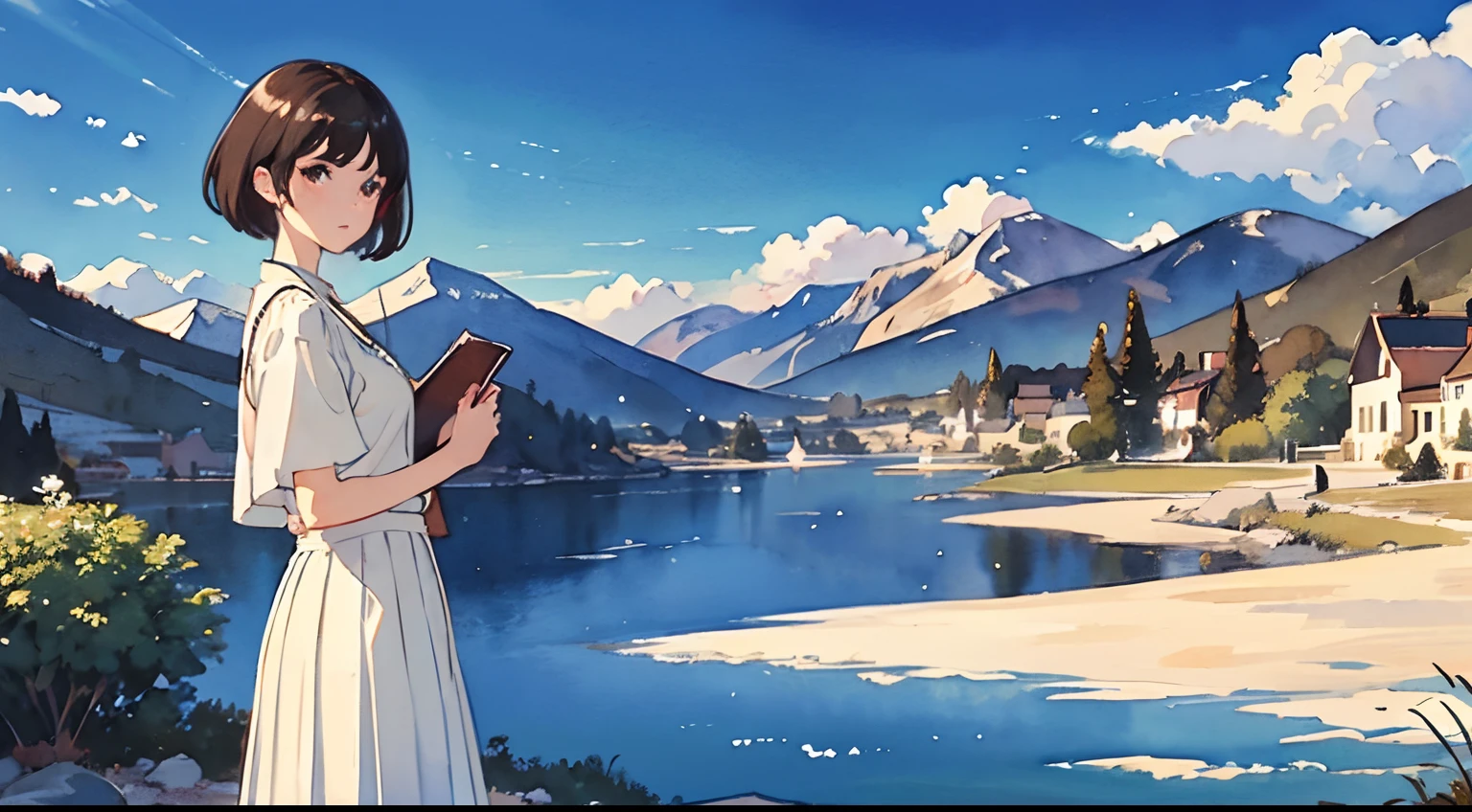 ((Watercolor by Sargent))、(top-quality、​masterpiece)、slim figure、breastsout、(Dark brown layered haircut)、Pendants、White blouses、White long skirt、outside of house、amazing view、lakes and mountains in distant background々、Exquisite details rendered...