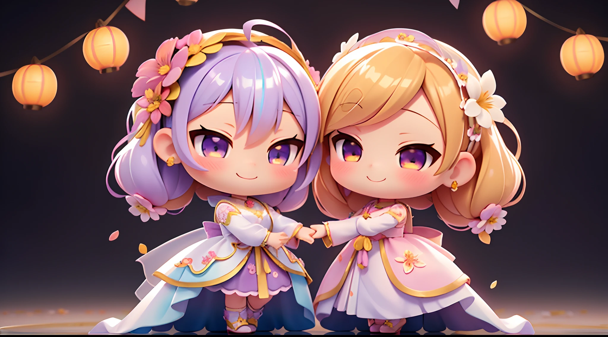photoRealstic、Nendroids in wedding dress standing in front of the painting、heart pattern in eyes、smile、watercolor Nendoroid、(High Definition Figure)、Flowing iridescent silk、up of face、Eye Up、Floral dress、There are also flowers in front of the nendroids、flower petals、season!!: 夏天☀ 🍂