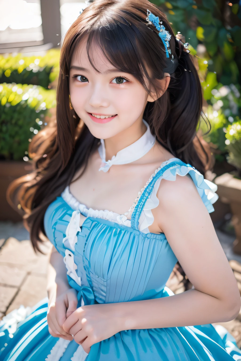 There is a young girl in a blue dress, Cute:2, , portrait of the magical ta girl, cute - fine - face,extremely delicate and beautiful, finely detail, (Photorealsitic:1.4), ultra-detailliert, ighly detailed, a beautiful detailed girl, (Perfect female figure),,a smile,showing teeth,full bodyesbian