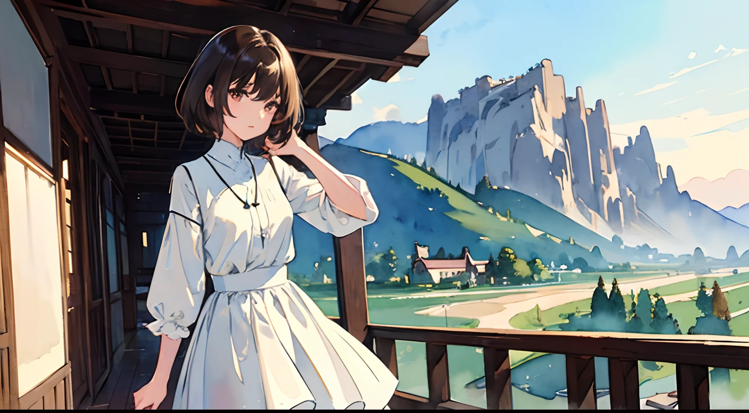 ((Watercolor by Sargent))、(top-quality、masterpiece)、slim figure、breastsout、(Dark brown layered haircut)、Pendants、White blouses、White long skirt、outside of house、amazing view、lakes and mountains in distant background々、Exquisite details rendered...