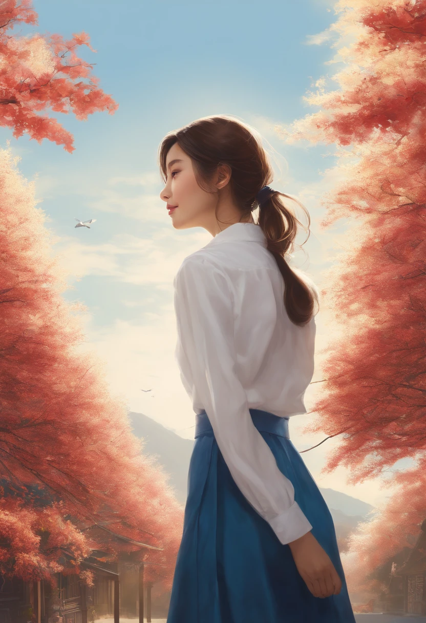 girl with,Look up your profile,Hopeful,japanes,white  shirt,Sunny blue sky,Happy look