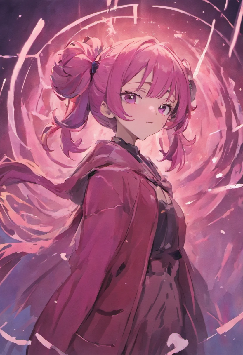 mature, dark skin, woman, anime art style, pink hair, twintail pig hair, purple eyes, noble clothes, dark and red clothes, 30 years old woman