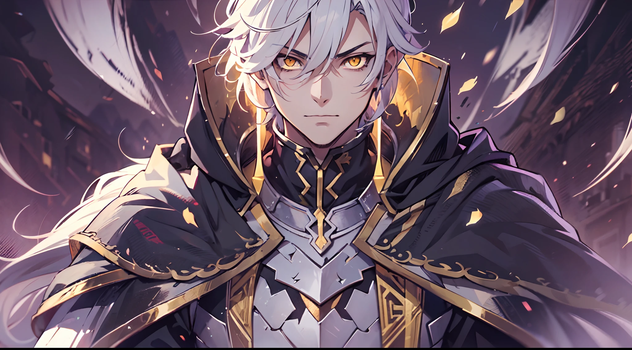 1 Boy, Xin From Kingdom Anime, Armored With Pure Black Warlord Armor With A Cape, Ultra High Definition, 8k, Handsome, Black And Yellow Pupil Eyes, Long White Hair, Ancient Kingdom Background