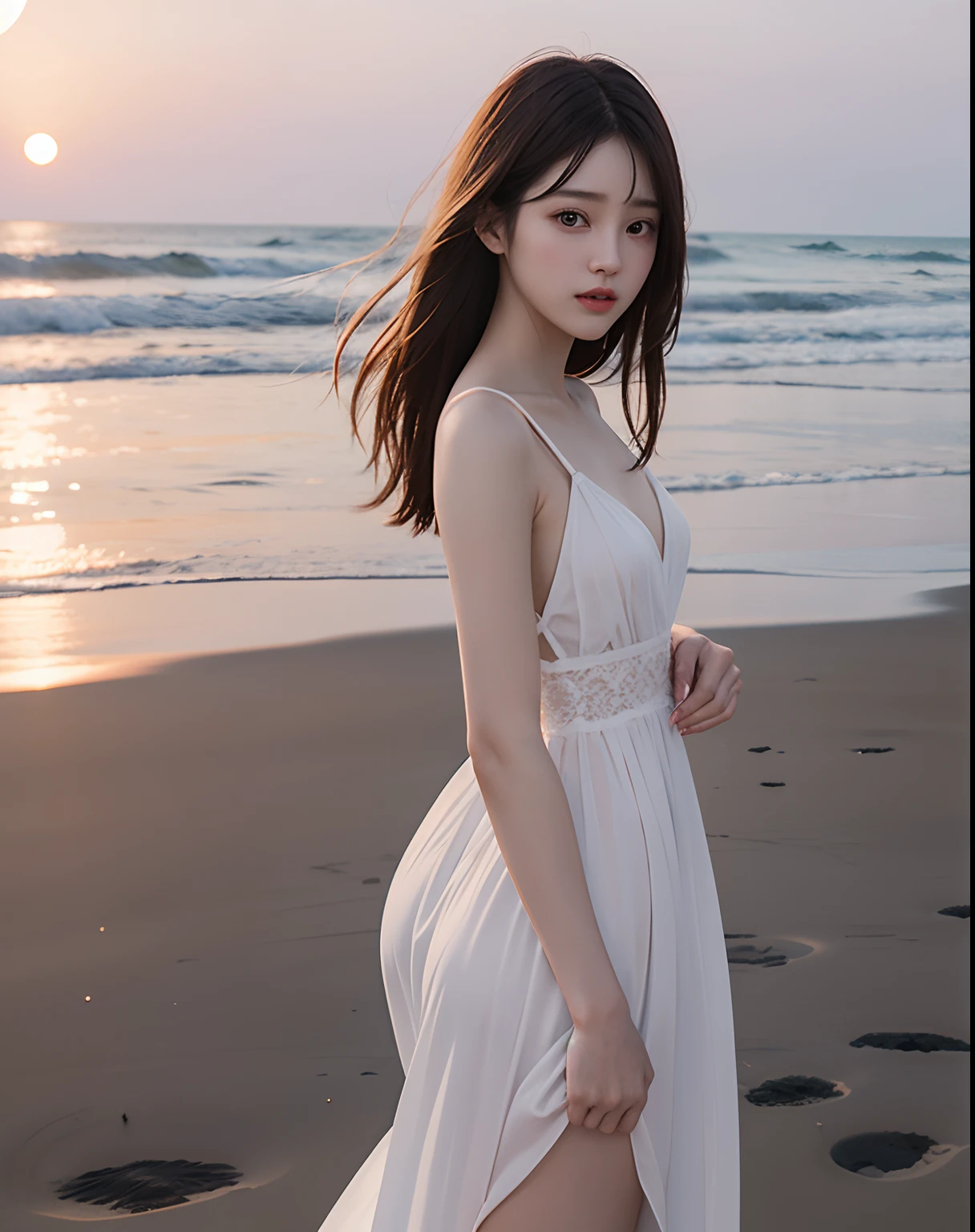 zydG, 1girl, Delicate skin, Wearing a long dress,Stand sideways on the beach with the setting sun in the distance, Brown eyes, (cabelo curto com franja:1.2), (mediuml breasts:1.0), (medium areolae:0.8),
(realisticlying:1.4), (Best Picture Quality:1.0), (超高分辨率:1.0), 8k, RAW photos, (tmasterpiece:0.2), (pureerosface_v1:0.5)