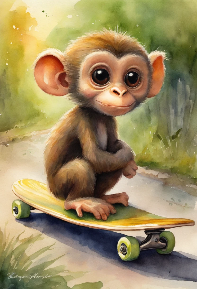 estilo estudio ghibli.  a cute little monkey on a skateboard al atardecer