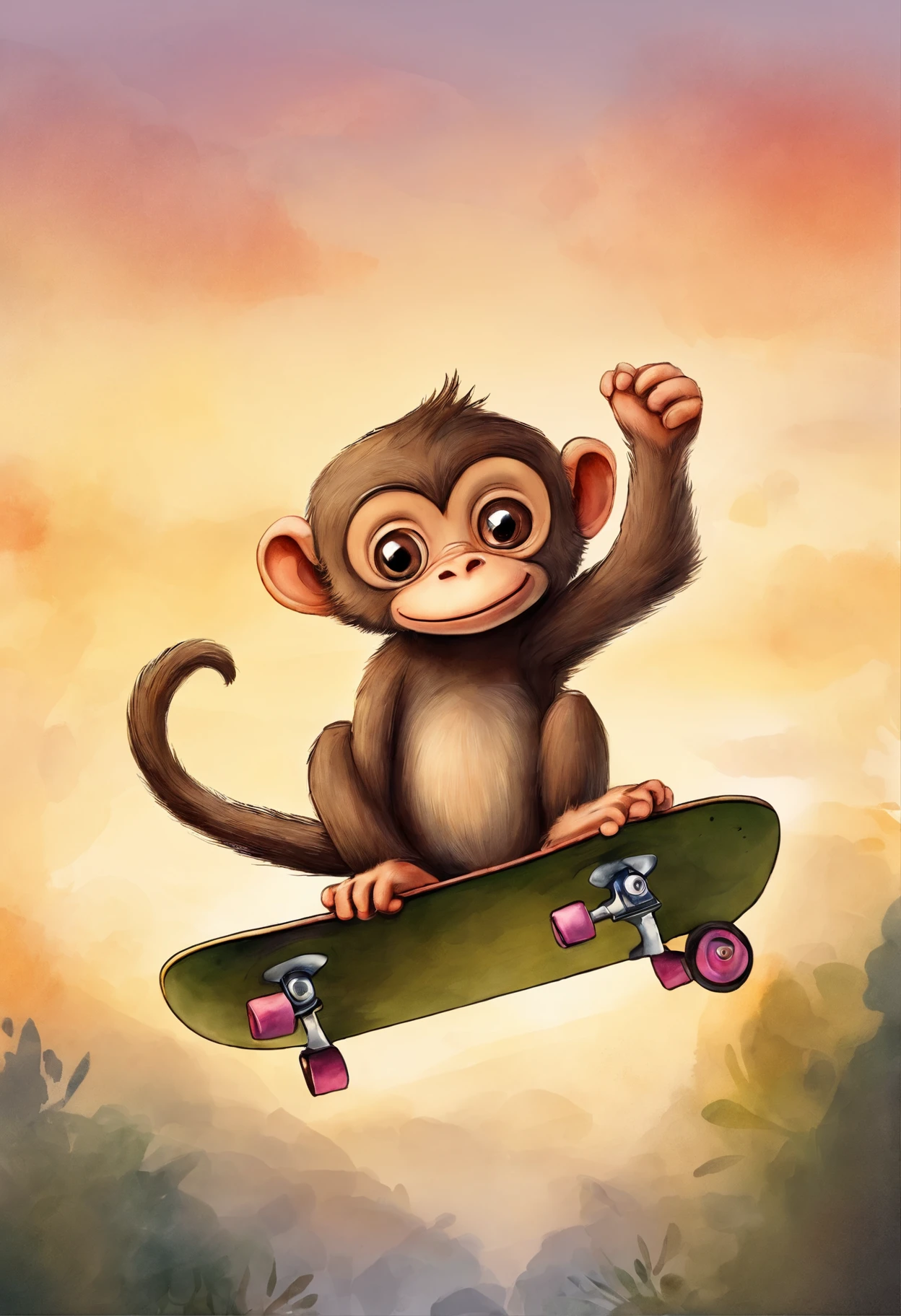 estilo estudio ghibli. a cute little monkey on a skateboard al atardecer