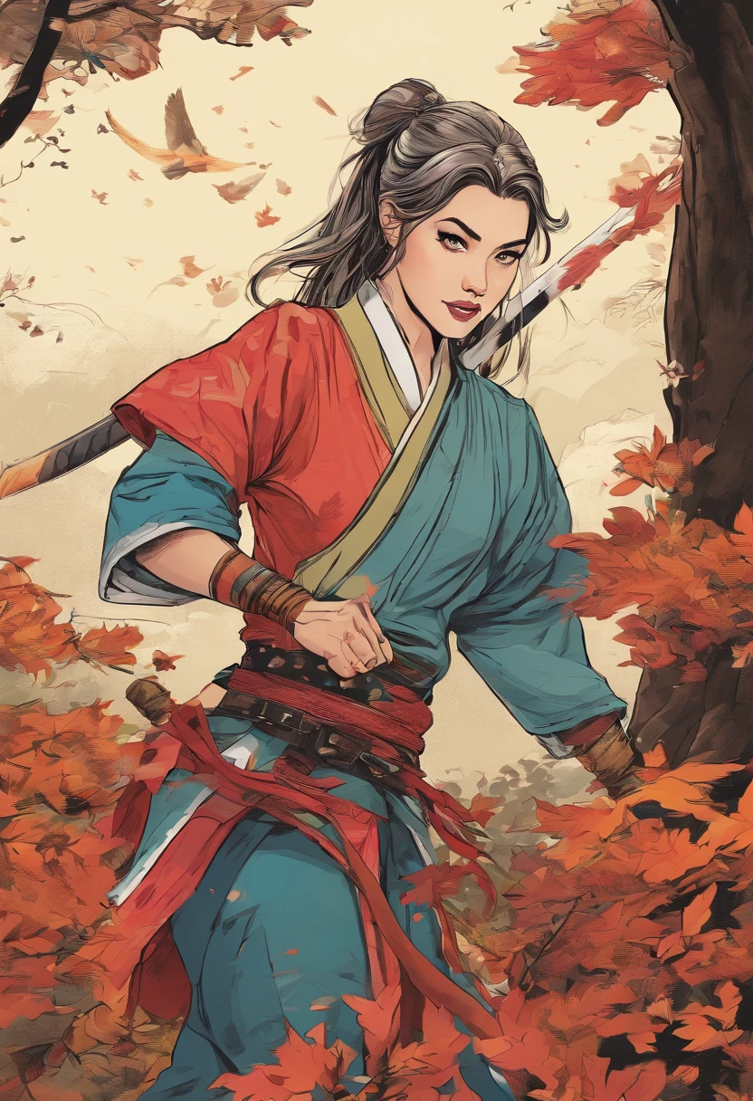 4k, Realistic, Muito Detalhe, there is a girl in a wood, She's a Samurai, tema guerra, roupas macias, cabelos longos, usando legging, 25 anos, corpo inteiro, usando sapatos gucci