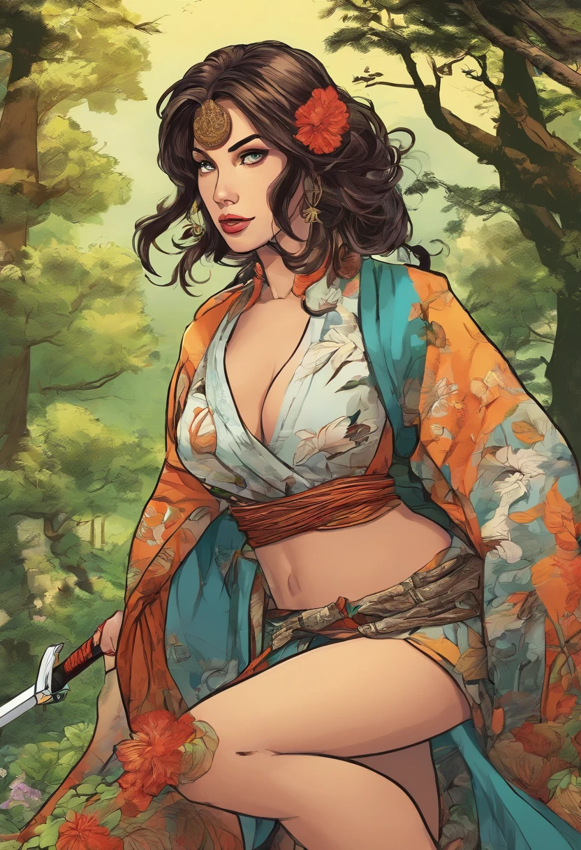 4k, Realistic, Muito Detalhe, there is a girl in a wood, She's a Samurai, tema guerra, roupas macias, cabelos longos, usando legging, 25 anos, corpo inteiro, usando sapatos gucci