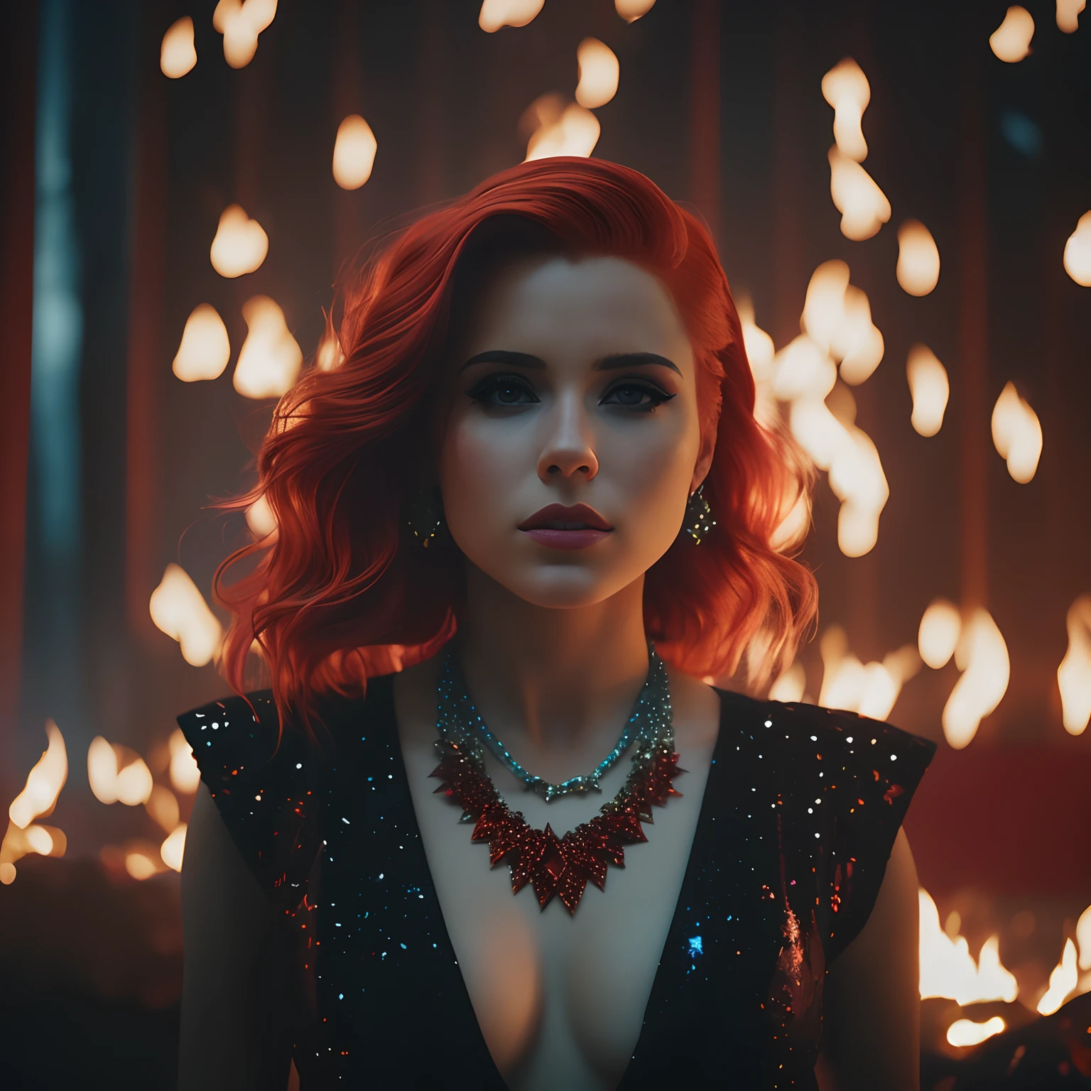 Mujer pelirroja con cabello rojo y un collar frente a una pared de fuego, cinematic goddess shot, red and cinematic lighting, Retrato disparado 8K, inspirado por Elsa Bleda, amouranth as a super villain, Llamas en el fondo, cinematic shot epic portraits, Las llamas la rodean, her hair is on fire, moody cinematic lighting, Cabello de fuego