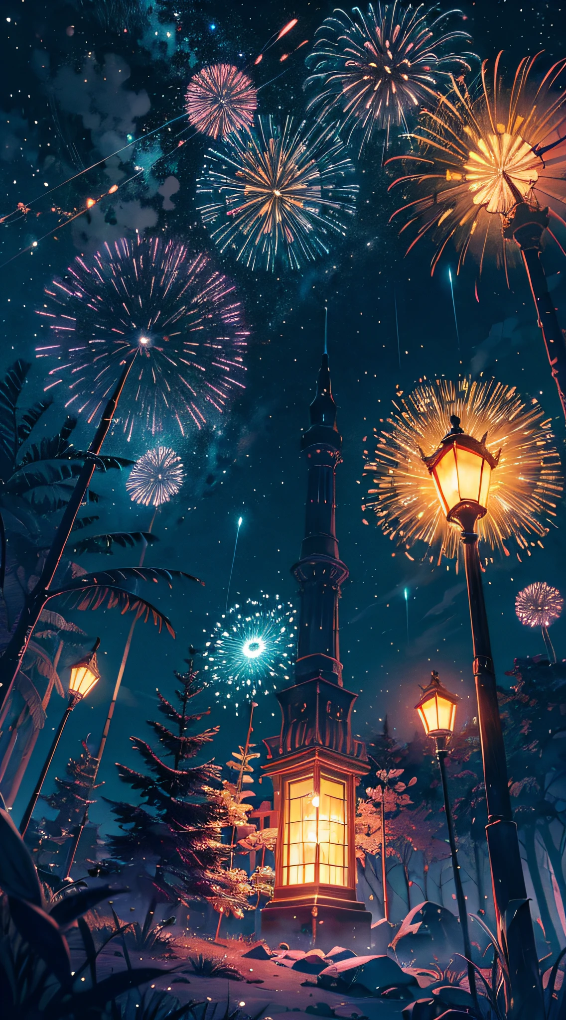 Vast landscape photos，（View from below with a view of the sky and the wilderness below），（moon full：1.2），（meteors：0.9），（Starcloud：0.5），Far Mountain，Tree BREAK Production Art，（Warm light source：1.2），（glowworm：1.2），Brilliant fireworks，lamp lights，Purple and orange，intricately details，Volumetric lighting BREAK（tmasterpiece：1.2）， （top-quality），4K，Ultra-delicate，（Dynamic configuration：1.4），Highly detailed and colorful details（Irridescent color：1.2），（Sparkling lighting，Atmospheric lighting），dream magical，magical，Perfect color matching，（独奏：1.2）