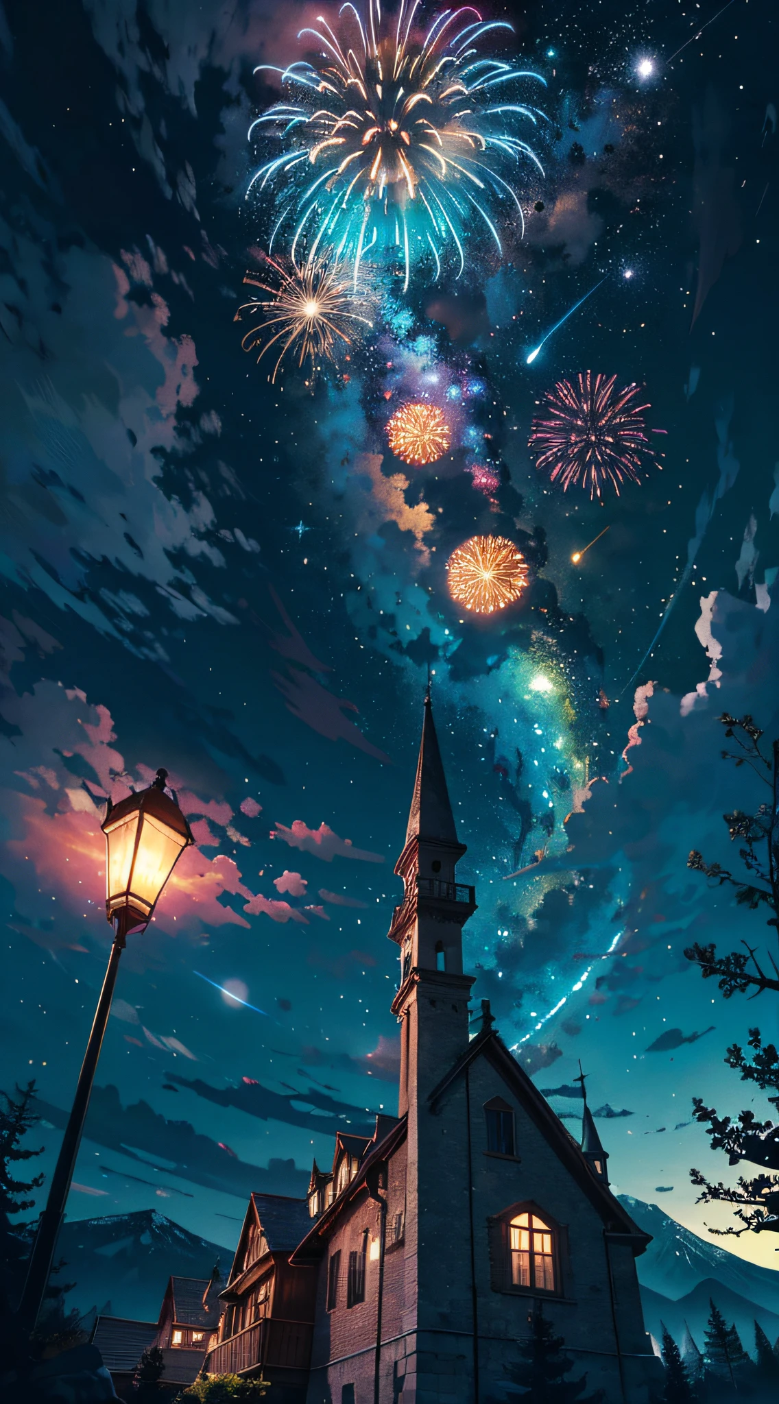 Vast landscape photos,(View from below with a view of the sky and the wilderness below),(moon full:1.2),(meteors:0.9),(Starcloud:0.5),Far Mountain,Tree BREAK Production Art,(Warm light source:1.2),(glowworm:1.2),Brilliant fireworks,lamp lights,Purple and orange,intricately details,Volumetric lighting BREAK(tmasterpiece:1.2), (top-quality),4K,Ultra-delicate,(Dynamic configuration:1.4),Highly detailed and colorful details(Irridescent color:1.2),(Sparkling lighting,Atmospheric lighting),dream magical,magical,Perfect color matching,(独奏:1.2)