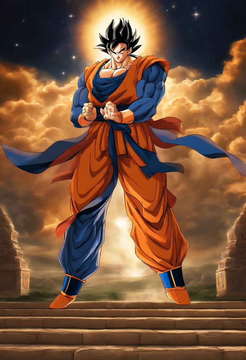 Na imagem, Goku is lying prostrate on the ground, humildemente, while Jesus is standing, com um olhar sereno, apontando para cima, symbolizing that Goku's strength does not compare to the wisdom and spiritual power of Jesus. The image is in 3D, com cores vibrantes destacando essa cena impressionante.