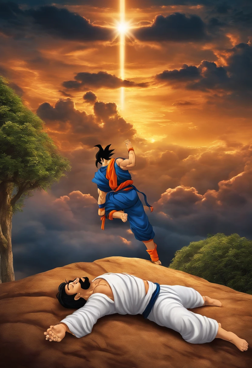 Na imagem, Goku is lying prostrate on the ground, humildemente, while Jesus is standing, com um olhar sereno, apontando para cima, symbolizing that Goku's strength does not compare to the wisdom and spiritual power of Jesus. The image is in 3D, com cores vibrantes destacando essa cena impressionante.