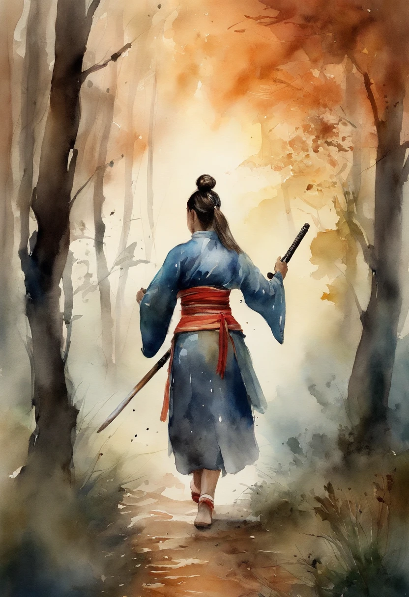 4k, Realistic, muito detalhe, There's a girl in a woods, She's a Samurai, Tema Guerra, roupas macias, Cabelos Longos, usando legging, 25 anos, corpo inteiro, usando sapatos gucci