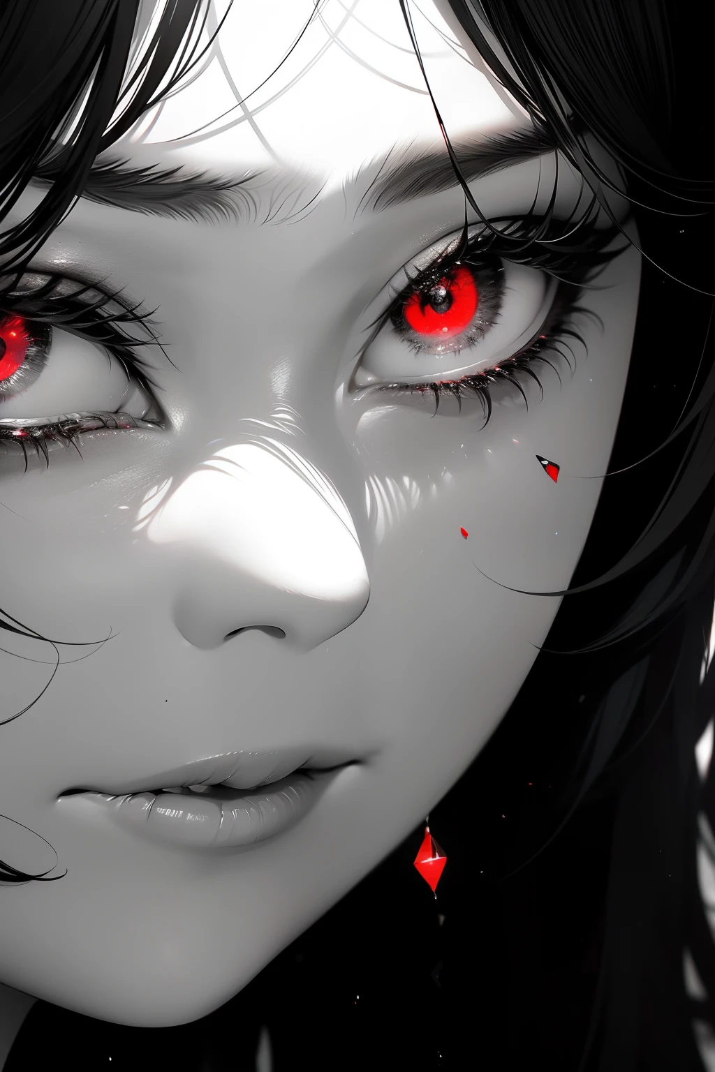 blanco y negro,Mujer absolutamente hermosa,busto,espejo roto,Black and white division,red tears,Pintura en blanco y negro,roto,subnivel,blanco y negro,Erosionados por la oscuridad y la luz,symetric