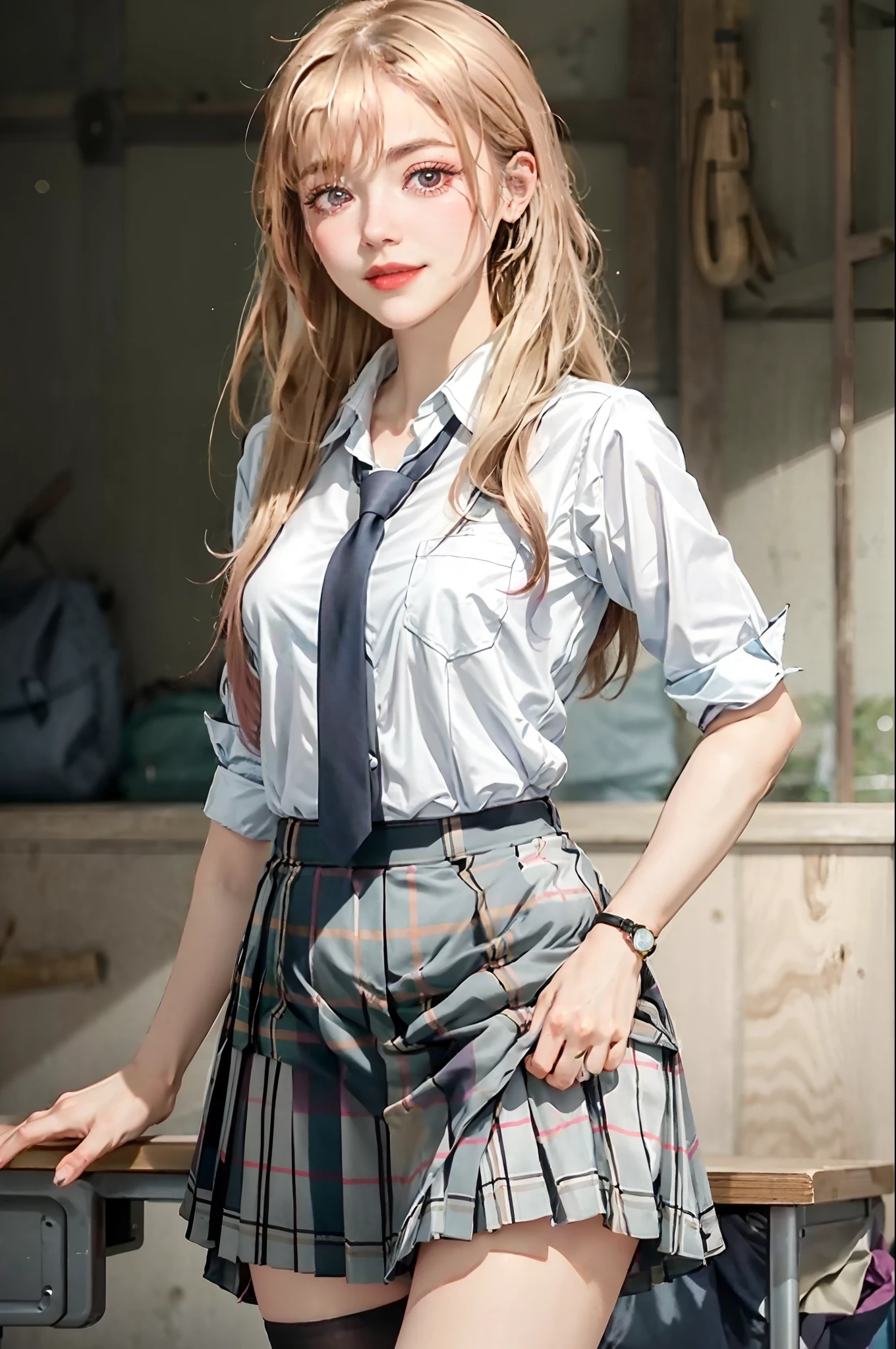 1girl, plaid, chalkboard, plaid skirt, classroom, long hair, skirt, desk, smile, solo, shirt, looking at viewer, blush, white shirt, school desk, sleeves rolled up, necktie, bangs, school uniform, breasts, indoors, mole, cowboy shot, eyebrows visible through hair, medium breasts, dress shirt, purple eyes, railing, blonde hair, closed mouth, thighs