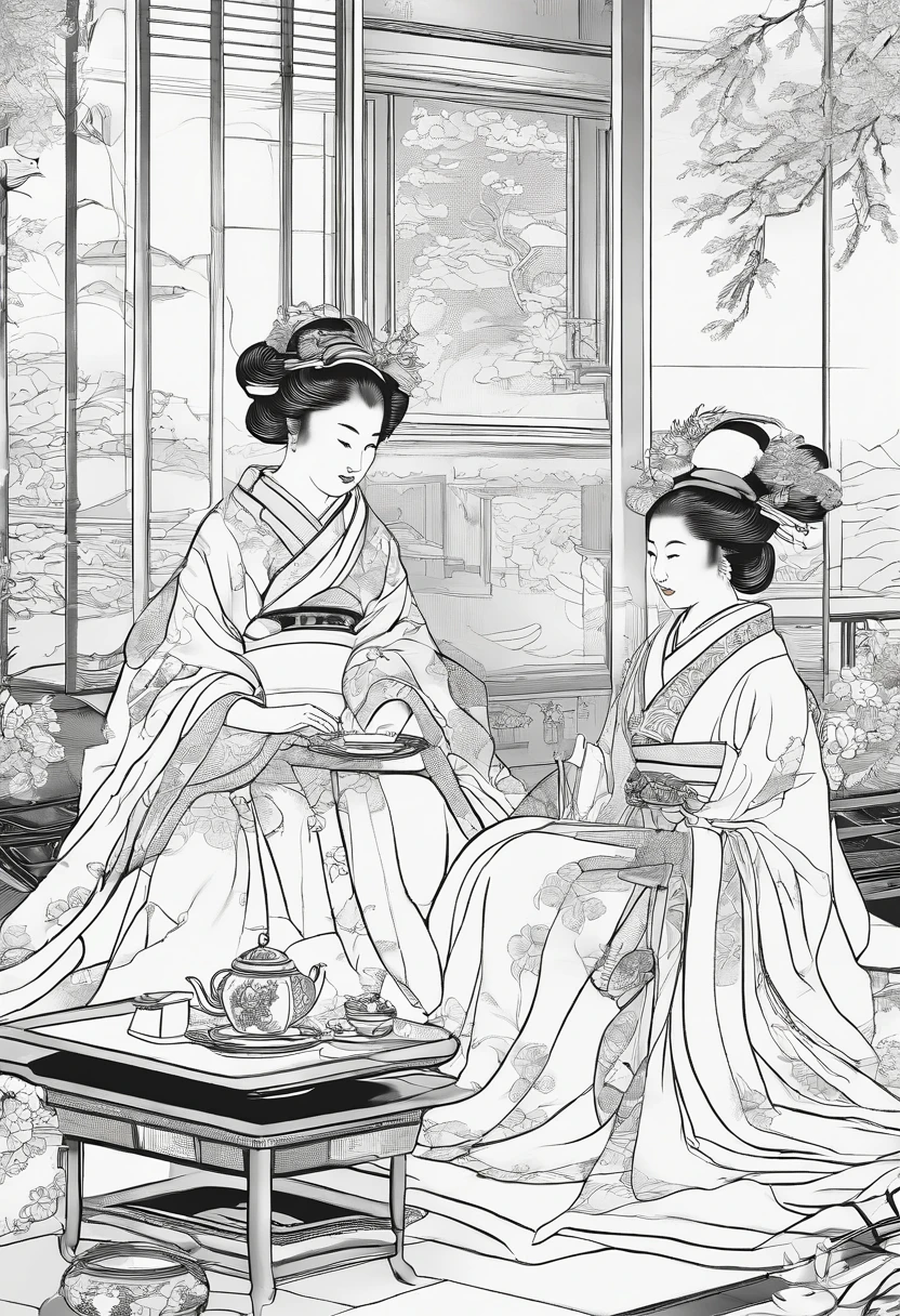 ((masterpiece), (best quality), (highly detailed)), 2 japanese courtesans, preparing tea, sitting on fine cushions, Ukiyo-e style (hair ornament:1.2), Accessory