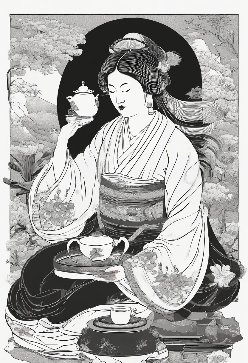 ((masterpiece), (best quality), (highly detailed)), 2 japanese courtesans, preparing tea, sitting on fine cushions, Ukiyo-e style (hair ornament:1.2), Accessory