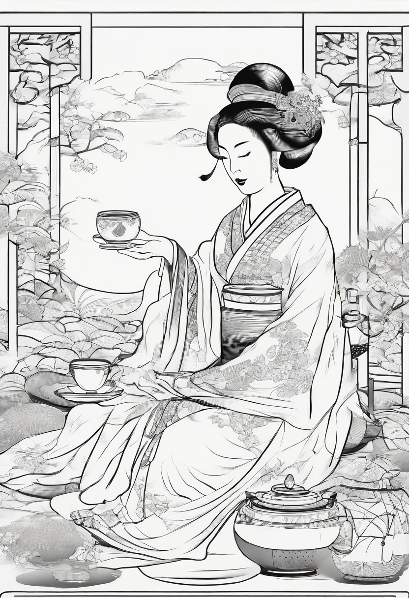 ((masterpiece), (best quality), (highly detailed)), 2 japanese courtesans, preparing tea, sitting on fine cushions, Ukiyo-e style (hair ornament:1.2), Accessory