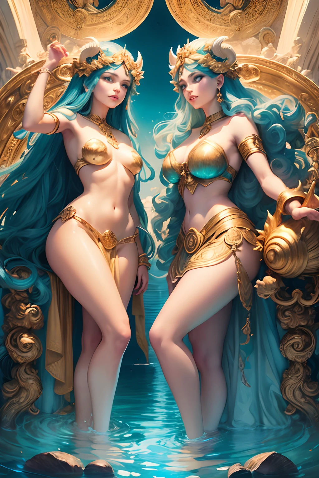 Cybele as the personification of the earth holding the horn of abundance and Neptune as the personification of water in the center. The couple is crowned by the goddess Victoria and the union is announced by means of a shell by the Triton below.(arte detalhada, expressiva e perfeita, art inspired by John Buscema and Toni Zúñiga