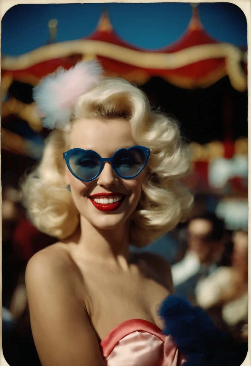 A beautiful woman holding cotton candy at a carnival in the shape of a heart, Polaroid, alta qualidade, 1950s holidays, Penteado e roupas dos anos 1950, blonde hair, Marilyn Monroe, hiper sexualizado, Lolita, mamilos eretos, Cameltoe completo, sardas cheias, Enormes blue eyes, thick, full lips, sorriso hiper, veja a cueca completa revelando, hiper detalhado, Animated lighting, (corpo inteiro), Meias, Retro high heels