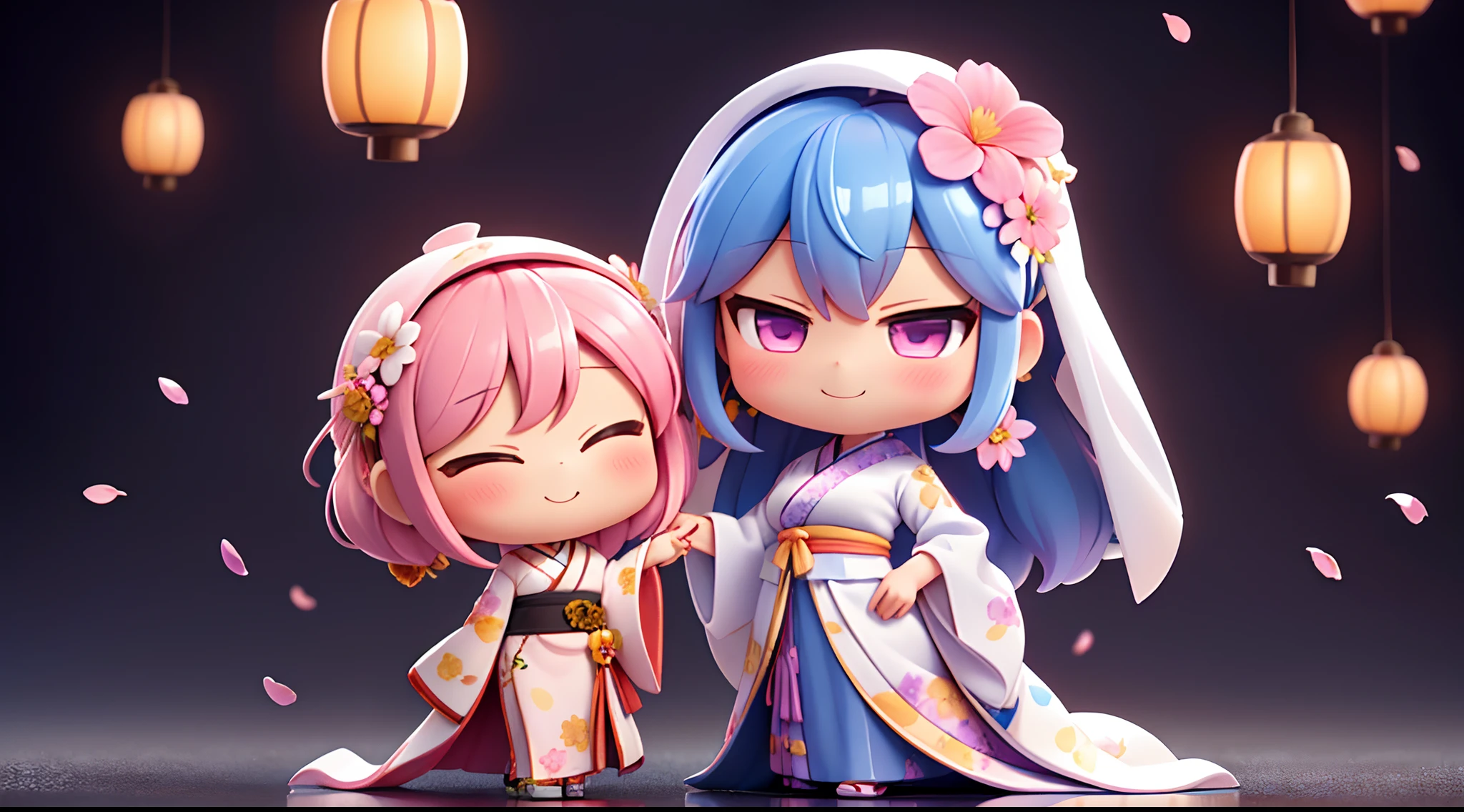 photoRealstic、Nedroid in wedding dress arranged in kimono standing in front of the painting、smile、watercolor Nendoroid、(High Definition Figure)、Flowing iridescent silk、up of face、Eye Up、In the eyes♥、Floral dress、There are also flowers in front of the nendroids、flower petals、season!!: 夏天☀ 🍂