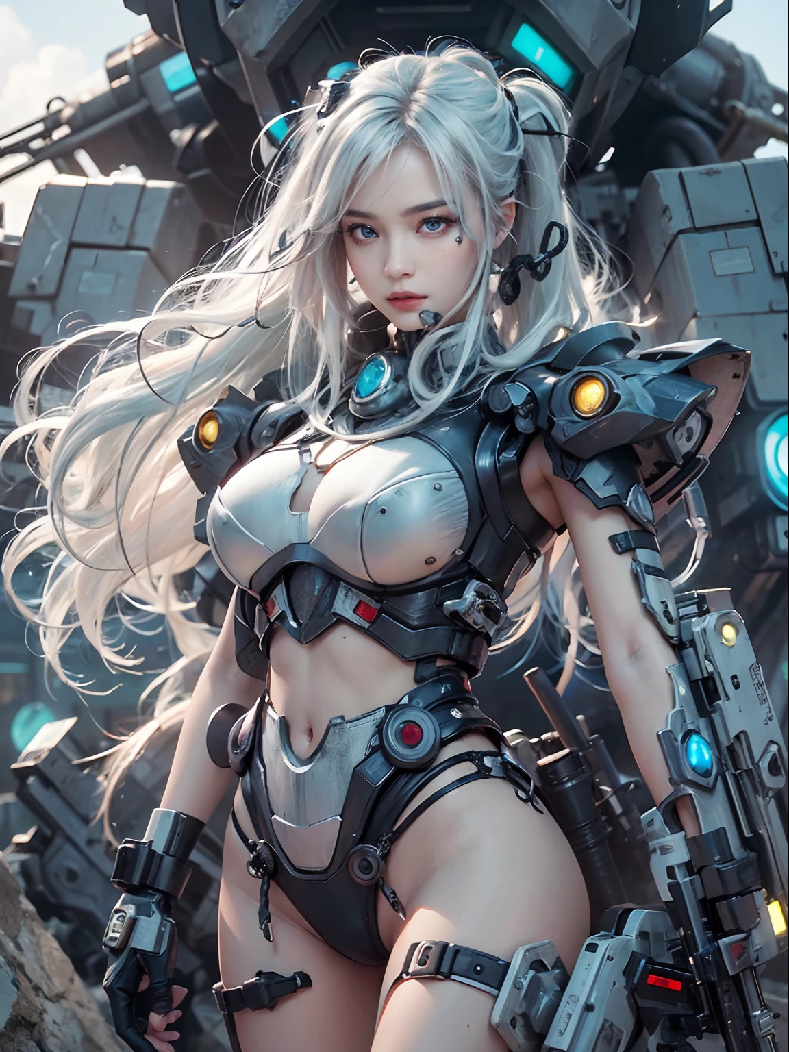 NSFW, 1girll, Cyberpunk, Mecha armor, Mechanical, (Masterpiece: 1.4), (8K, Realistic, RAW photo, Best quality: 1.4), nipple areola shape clear, , Japanese girl, Beautiful cute face, (Real face: 1.4), Perfect , Beautiful hairstyle, Realistic blue eyes, Beautiful detail eyes, (Real skin: 1.3), Beautiful skin, Attractive, 超高分辨率, Ultra photo realsisim, Hulling machine, Night view, post apocalyptic world, Cinematic lighting, White colored hair, Long hair, double-ponytail, blueribbon, Weapons in hand, alien spaceship, Futuristic fantasy, Legs open, Fighting posture