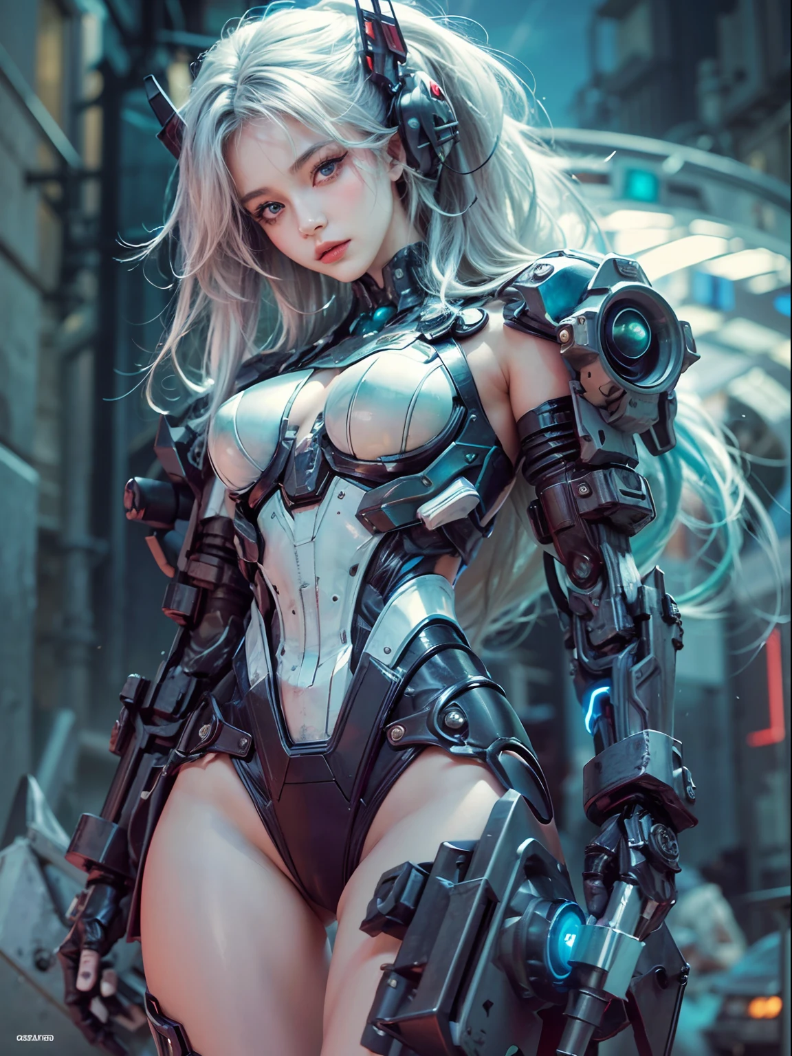 NSFW, 1girll, Cyberpunk, Mecha armor, Mechanical, (Masterpiece: 1.4), (8K, Realistic, RAW photo, Best quality: 1.4), nipple areola shape clear, , Japanese girl, Beautiful cute face, (Real face: 1.4), Perfect , Beautiful hairstyle, Realistic blue eyes, Beautiful detail eyes, (Real skin: 1.3), Beautiful skin, Attractive, 超高分辨率, Ultra photo realsisim, Hulling machine, Night view, post apocalyptic world, Cinematic lighting, White colored hair, Long hair, double-ponytail, blueribbon, Weapons in hand, alien spaceship, Futuristic fantasy, Legs open, Fighting posture