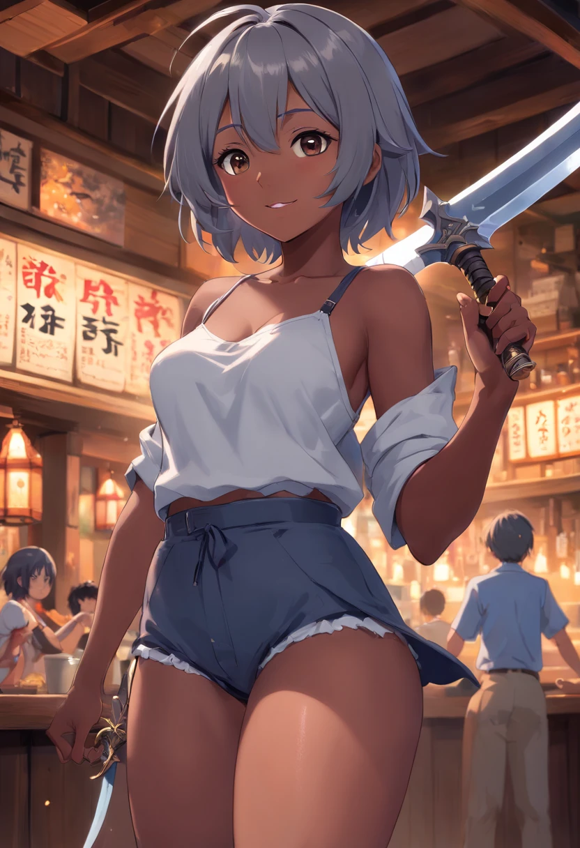 nsfw,Fantasy tavern background, 1girl in, (Dark skin) trap, Illustration, Wallpaper (flat chest:1.2) (big butts:1.3) (Short people:1.2) (Holding a dagger in your hand:1.3) (Large crotch bulge:1.35) (shoulder-length gray hair:1.5), Goat horns, Goat ears (Lori:1.3) Highly detailed, 4K, 8K, Ultra-detailed face, best quality face, Friendly smile, croptop, Roll up your clothes、Show off your 、exposed stomach, thigh-highs, thong, adventurer、