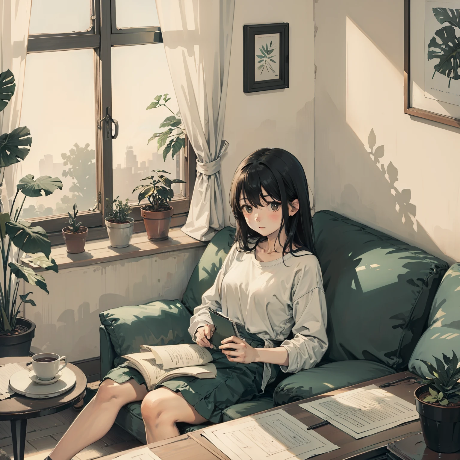 Living room, sofe, window, Curtains, Dappled sunlight, potted plant, Table, locker,bookshelf, Paper, table light, typewriter, Girl sitting on sofa