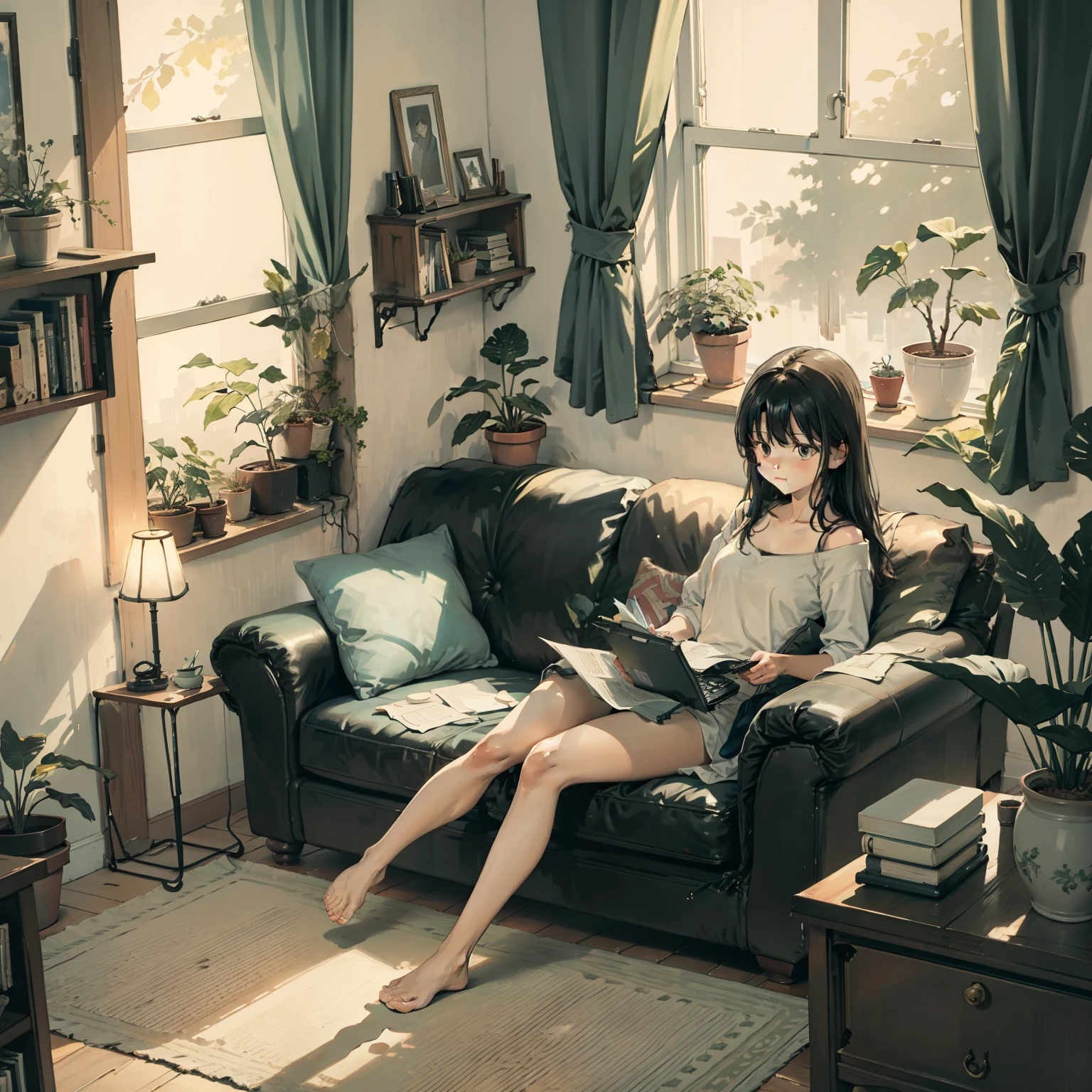 Living room, sofe, window, Curtains, Dappled sunlight, potted plant, Table, locker,bookshelf, Paper, table light, typewriter, Girl sitting on sofa