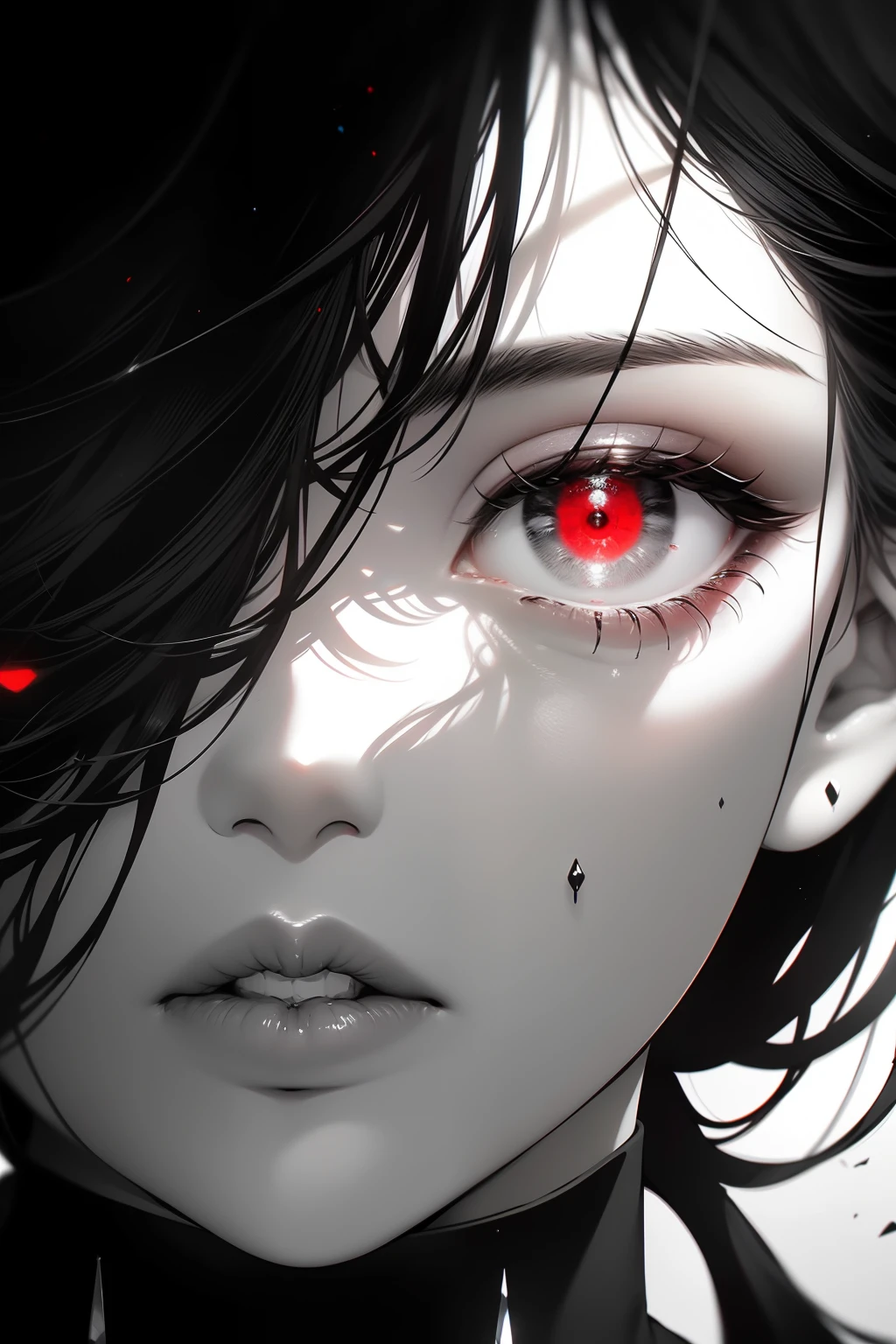 blanco y negro,Mujer absolutamente hermosa,busto,espejo roto,Black and white division,red tears,Pintura en blanco y negro,roto,subnivel,blanco y negro,Erosionados por la oscuridad y la luz,symetric