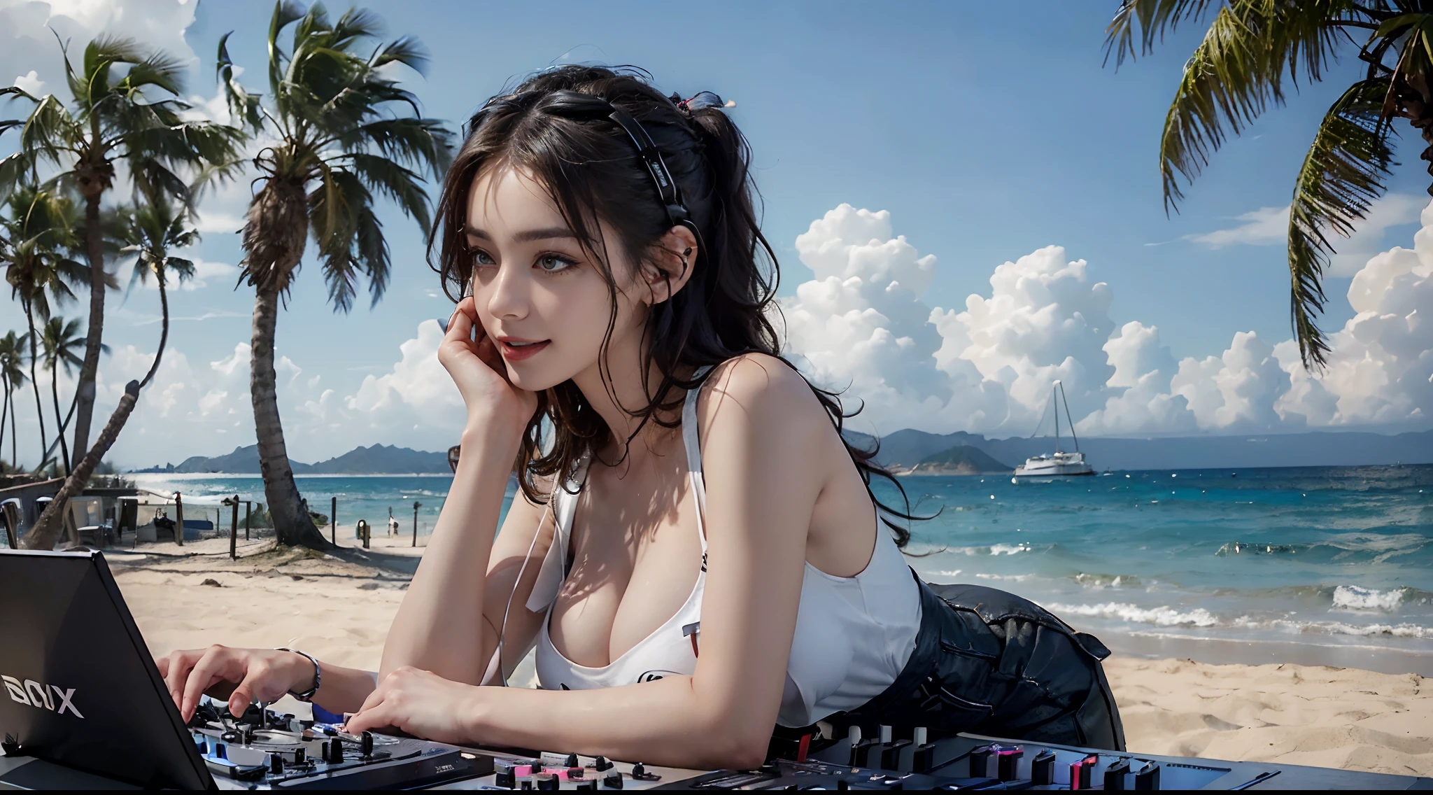 ((best qualtiy, 8K, tmasterpiece:1.3)), edgy:1.2, A beautiful woman with a perfect body:1.4, Slim Abs:1.2, ((Layered hairstyle, Medium Tits:1.5)), (Athens，the street：1.2），saturated：1.5，Highly detailed facial and skin texture，A detailed eye，Double eyelidd，Look at the camera sideways，open shirt，navels，exposed navel，Cover your chest with your hands，hands on breasts, Sunny weather, seaside, waves, palm tree, White tank top and ripped shorts, seaside, waves, palm tree, seaside, waves, palm tree, seaside, waves, palm tree, seaside, waves, palm tree,(Wear large headphones for DJs), (Woman manipulating DJ mix equipment), (I was intoxicated by the music), (Laugh happily), (Wear large headphones for DJs), (Woman manipulating DJ mix equipment), (I was intoxicated by the music), (Laugh happily), (Wear large headphones for DJs), (Woman manipulating DJ mix equipment), (I was intoxicated by the music), (Laugh happily), (Wear large headphones for DJs), (Woman manipulating DJ mix equipment), (I was intoxicated by the music), (Laugh happily)