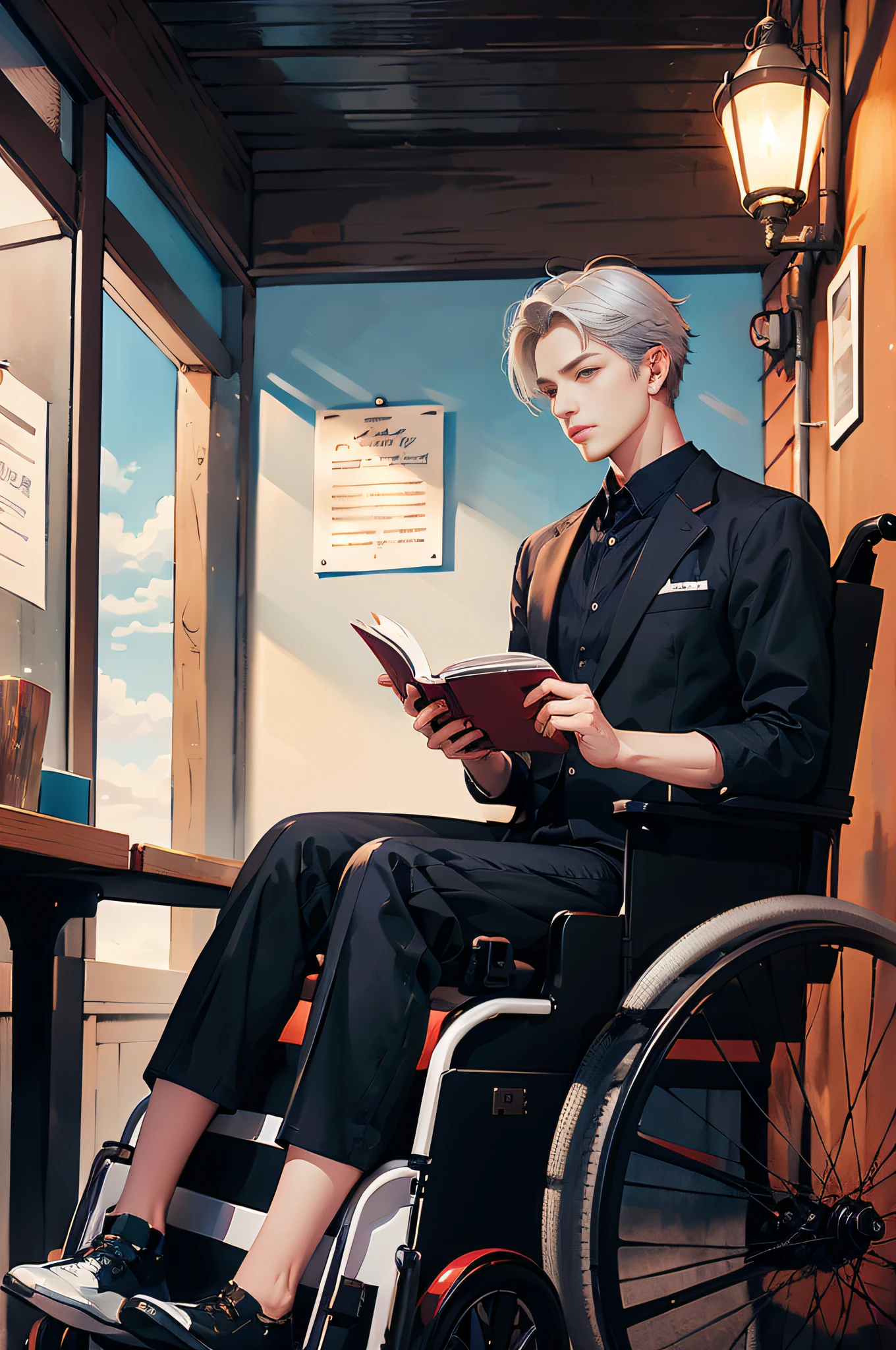 There was a man in a wheelchair reading a book, official character illustration, highly detailed exquisite fanart, official fanart, Detailed fanart, in the art style of bowater, commission for high resolution, High-quality fanart, Digital anime illustration, Official illustration, Guviz-style artwork, official character art, drawn in anime painter studio, from girls frontline