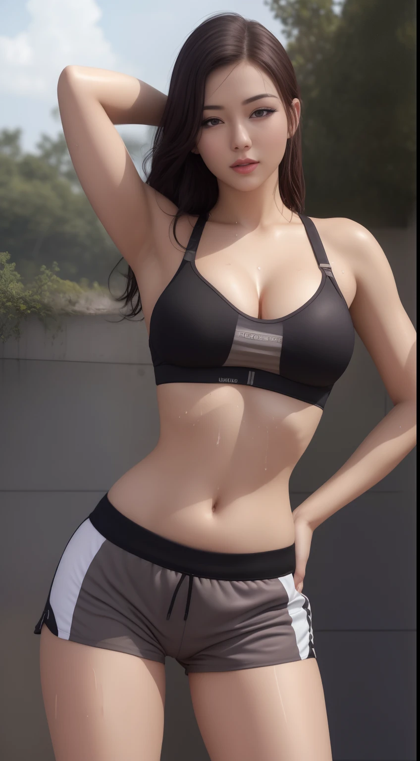 Ultra detail, high resolution, Ultra detailed, Best quality, Amazing, Top quality,Unified 8K wallpapers, Cinematic lighting, (fully body photo),Miss World,Sporty sexy beauty,The figure is bumpy,Wear a sports bra,Wearing gym shorts,Peach buttocks,gigantic cleavage breasts,Sweating profusely(Wet temptation)。