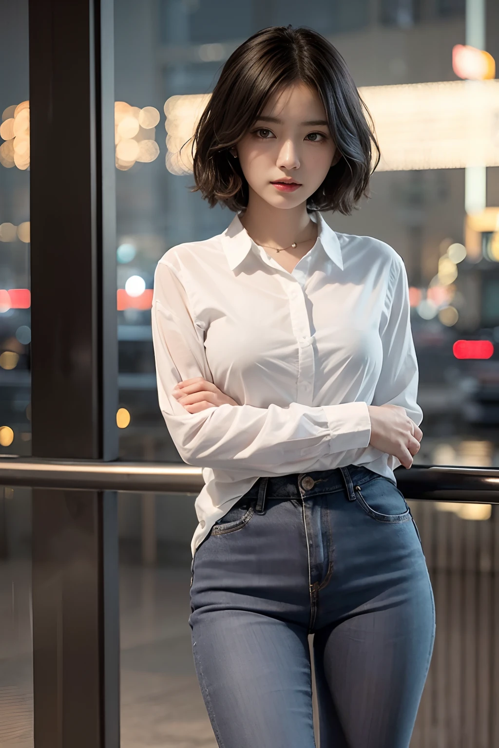 Generate images of seductive young women in realistic style, shot at 8k resolution, Resembles the delicate beauty of Korean actress Park Kyu-young. She wears stylish jeans and a long-sleeved white shirt.
Her features are impressive, with large, Expressive eyes, A small mouth, The straight nose makes her look like a doll. She has short hair,Shiny black hair. The image should highlight the details of her delicate face.
In the background is a roof,At night enjoy panoramic views of the futuristic cityscape. The cityscape is illuminated by neon lights,The night sky is full of stars. Strong winds blow through the roof, Causes the woman's hair to roll in the wind.
This photo was taken with a DSLR camera, The lighting creates an extreme contrast between light and shadow, Add drama to the scene. She leaned her arm against the railing, stare into the distance, far away from camera, Create an atmosphere of mystery.
This photograph aims to depict a fascinating presence,With an alluring and inviting atmosphere, Set against a backdrop of futuristic cityscapes at night. The lighting and composition should highlight her charm,Create a sense of intrigue.
Make sure the final image is in a realistic style, Emphasis on every detail, From the intricate features of her expressive eyes and face to her hands and windswept hair.
The focus should be on capturing her entire body, Even if she is not facing the camera.. Her hands and feet must be intricate. white shirt and jeans、Create a timeless look that is timeless, Enhance her overall attractiveness.
This image is、It aims to portray an alluring presence with a cute and cute atmosphere. The lighting and composition are、Her charm and elegance should be emphasized in an industrial context.
Make sure the final image is in a realistic style, Pay attention to every detail, From expressive eyes and face、Up to the complex features of the limbs,.