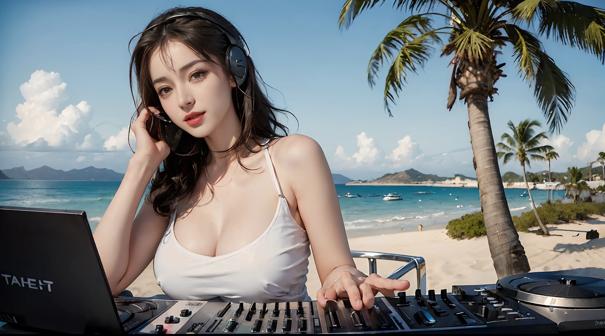 ((best qualtiy, 8K, tmasterpiece:1.3)), edgy:1.2, A beautiful woman with a perfect body:1.4, Slim Abs:1.2, ((Layered hairstyle, tits huge:1.5)), (Athens,the street:1.2),saturated:1.5,Highly detailed facial and skin texture,A detailed eye,Double eyelidd,Look at the camera sideways,open shirt,navels,exposed navel,Cover your chest with your hands,hands on breasts, Sunny weather, seaside, waves, palm tree, White tank top and ripped shorts, seaside, waves, palm tree, seaside, waves, palm tree, seaside, waves, palm tree, seaside, waves, palm tree,(Wear large headphones for DJs), (Woman manipulating DJ mix equipment), (Laugh happily)