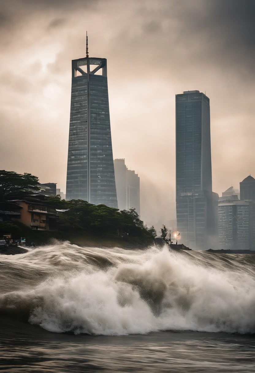 tidal waves，Armageddon，Greatwave，废墟，The run-down city creates a cinematic cityscape，A towering tsunami pounds the city's skyline. The lens should capture the absolute power and destructive power of the wave, The building in the foreground is partially submerged, debris flying, and the feeling that disaster is imminent. Long lens camera angle with EE 70mm lens on the Nikon D850, Aim for high resolution, Photorealistic rendering. Ensure that the scene is highly detailed, With HDR lighting, And convey a sense of urgency and confusion.