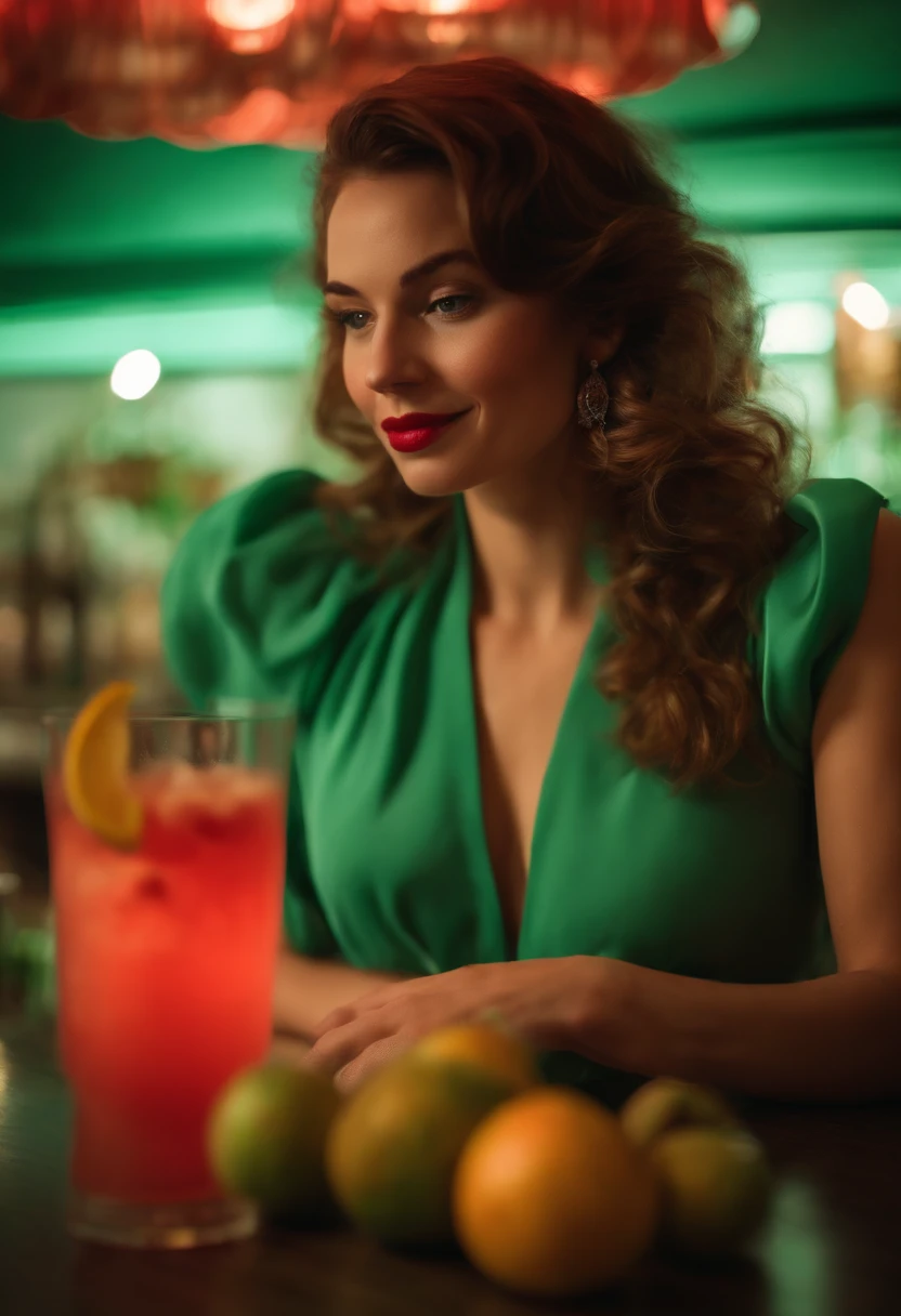 a young woman , fruit and cocktail, in the style of light red and light emerald, humorous imagery, wimmelbilder, close up,medium shot